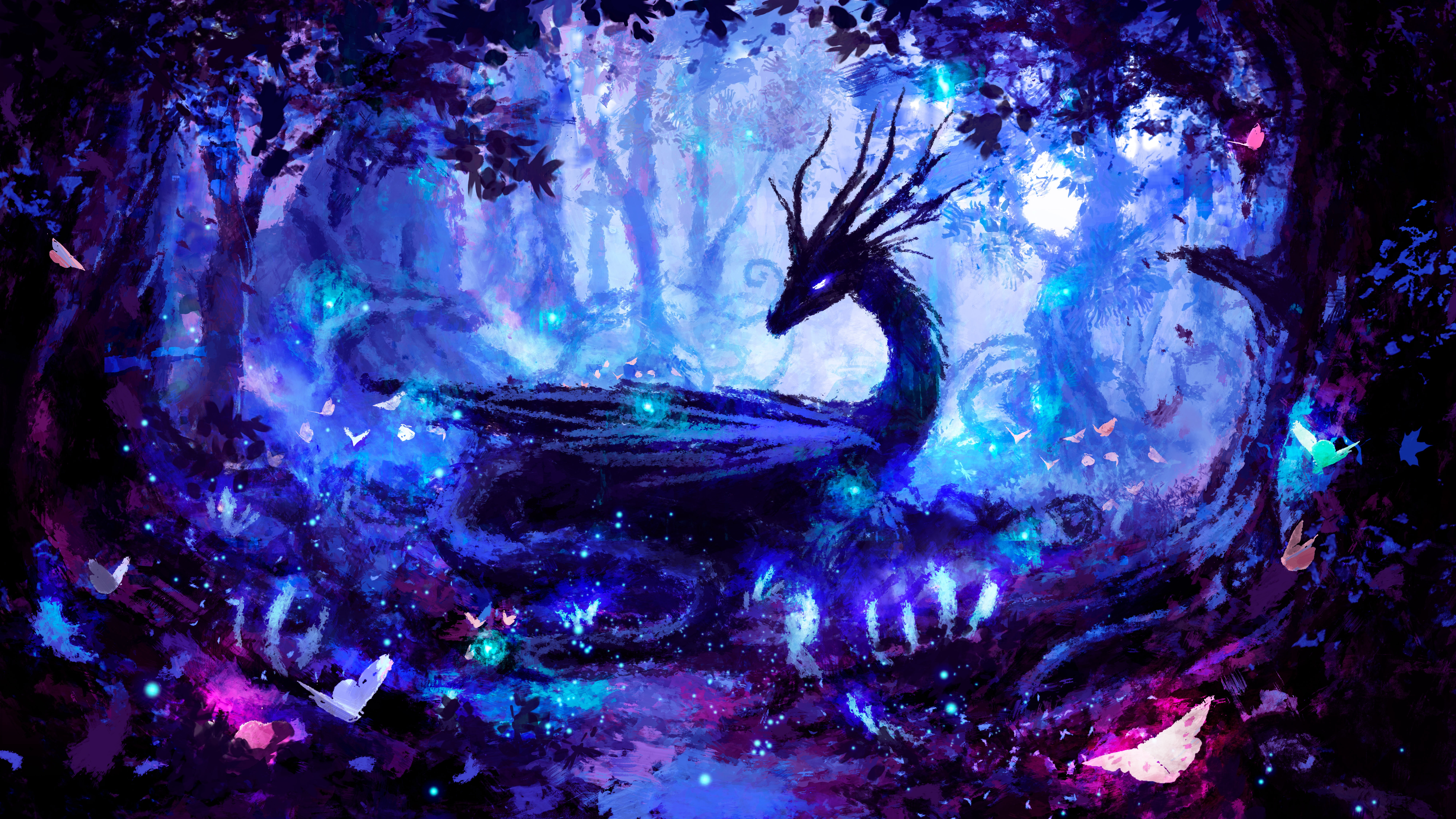 General 8000x4500 digital art colorful artwork lights dragon forest night magic trees horns pink blue evening creature butterfly mist fireflies watercolor