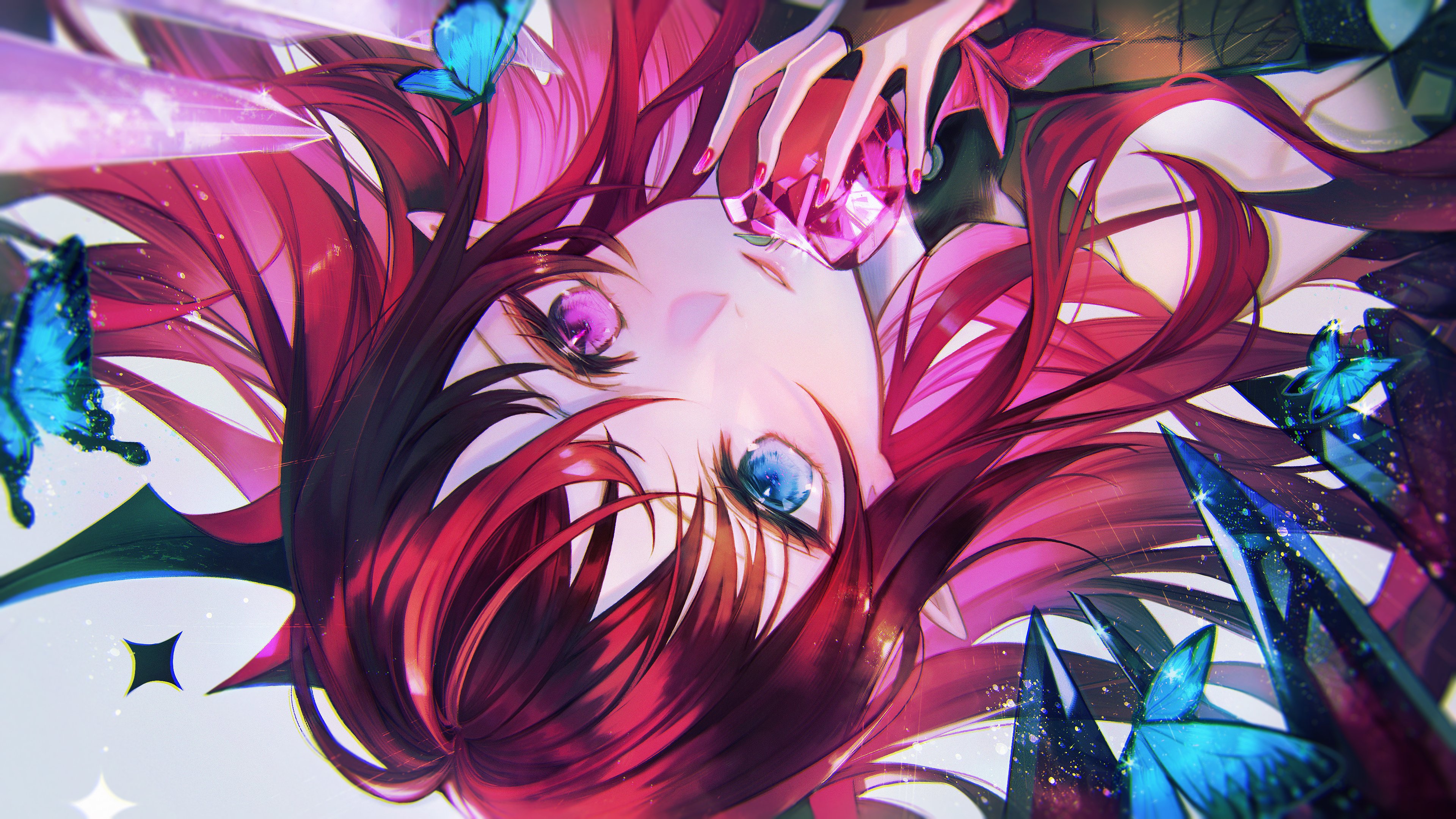 Anime 3840x2160 anime anime girls apples butterfly heterochromia redhead crystal  red nails long nails long hair looking at viewer Hololive IRyS (Hololive)