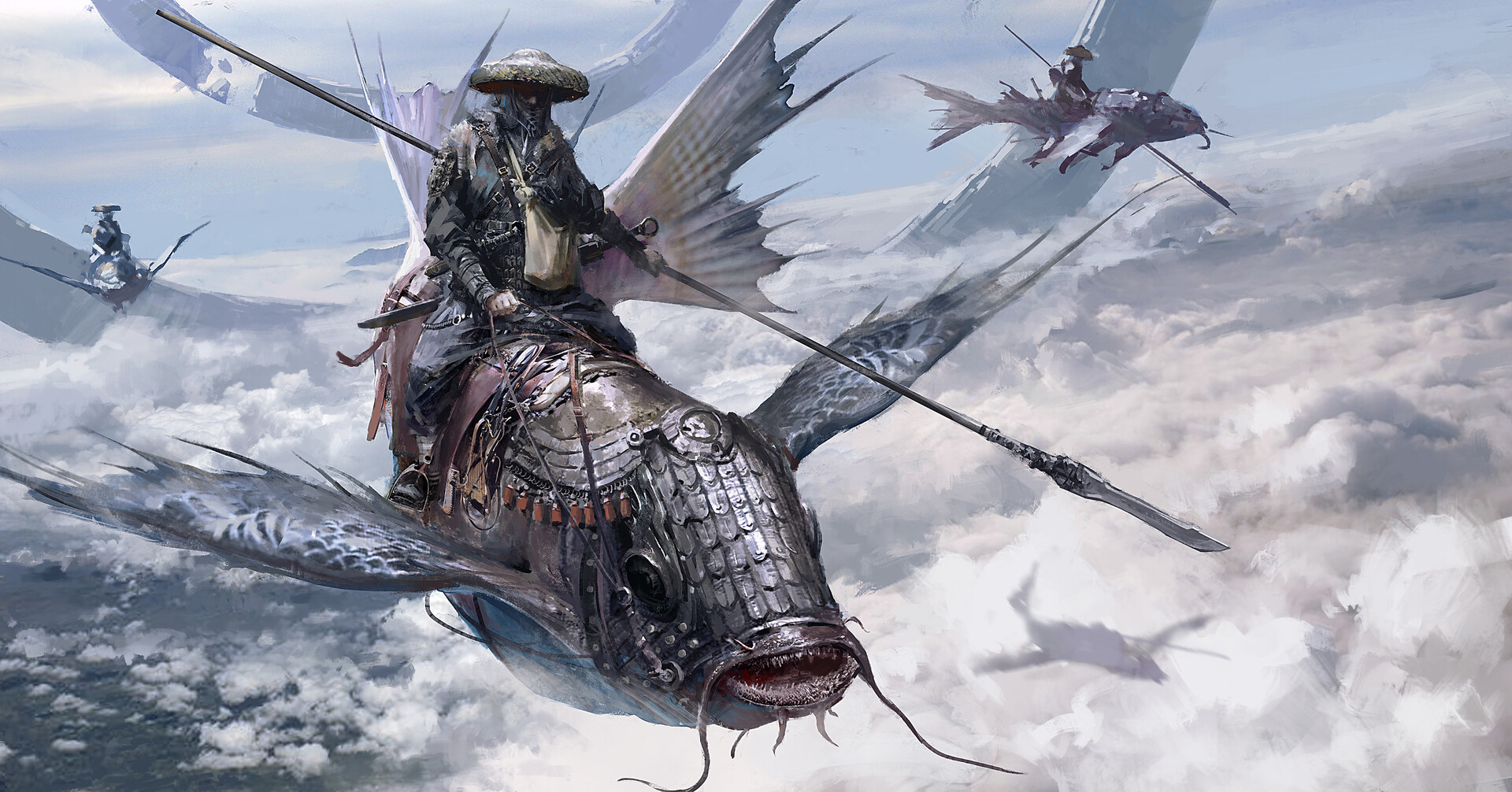 General 1920x1006 su jian clouds fish spear fantasy armor fantasy art flying