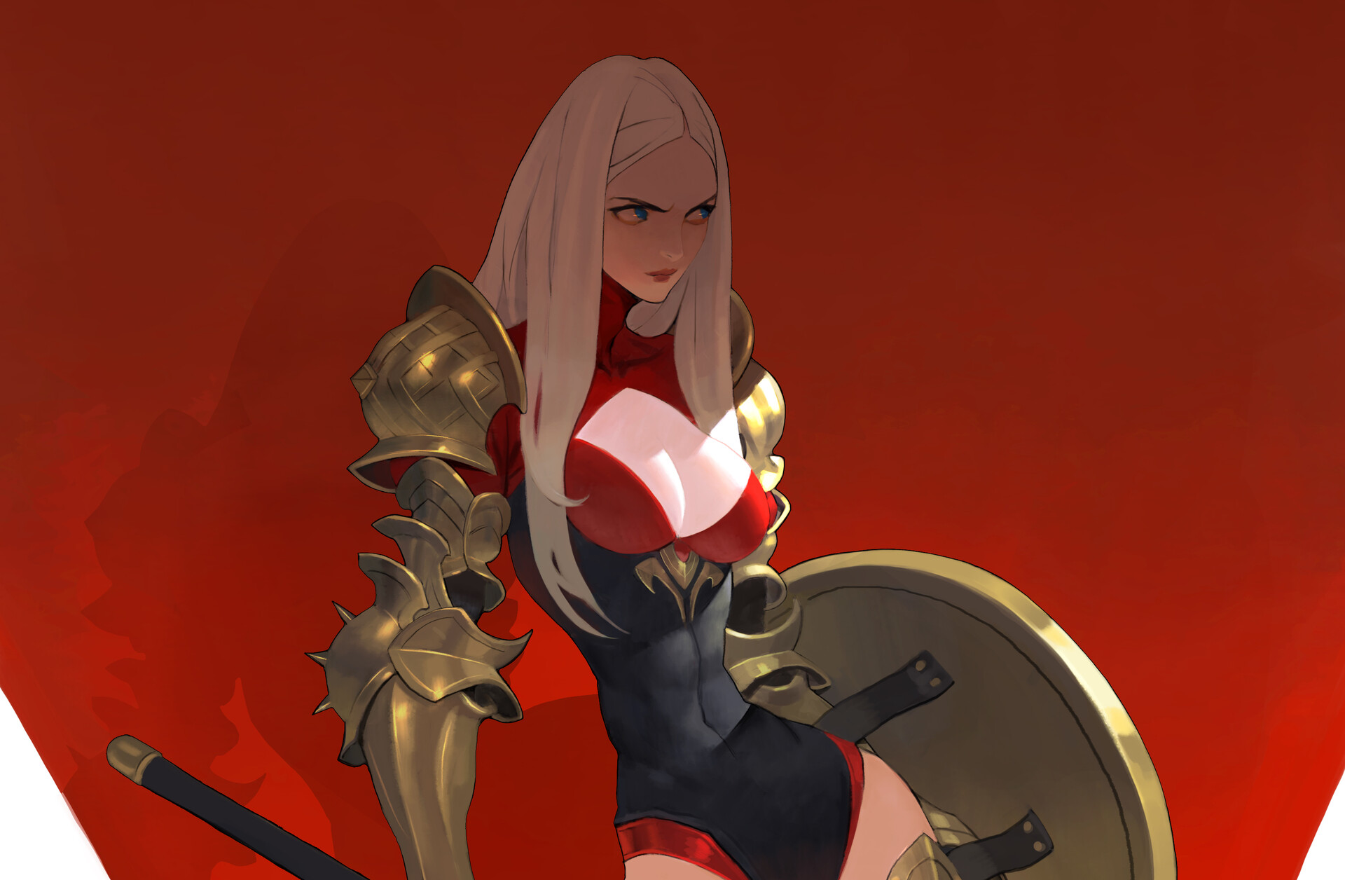 General 1920x1256 fantasy art fantasy girl red background women armor long hair shield blue eyes boobs