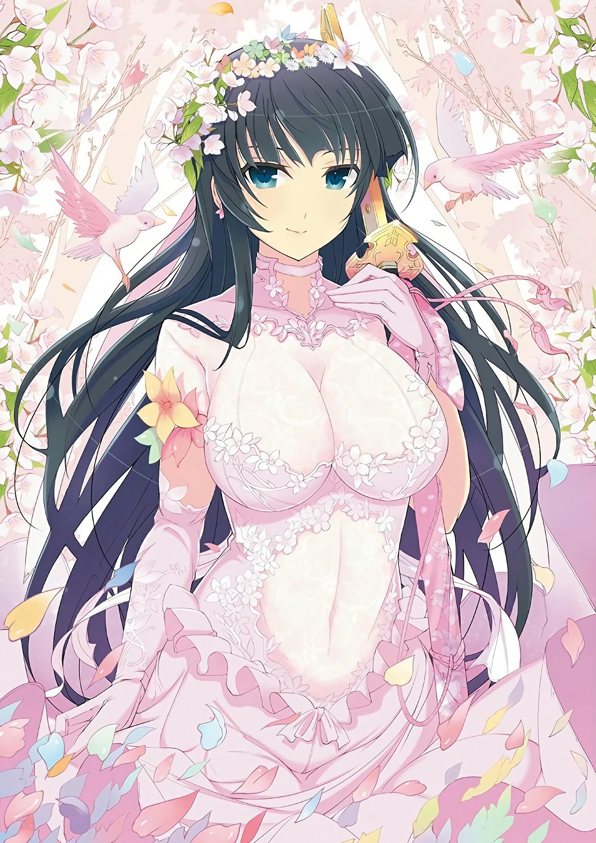 Anime 2000x2828 Senran Kagura dress anime anime girls cleavage big boobs wedding dress birds green eyes petals blue eyes sword