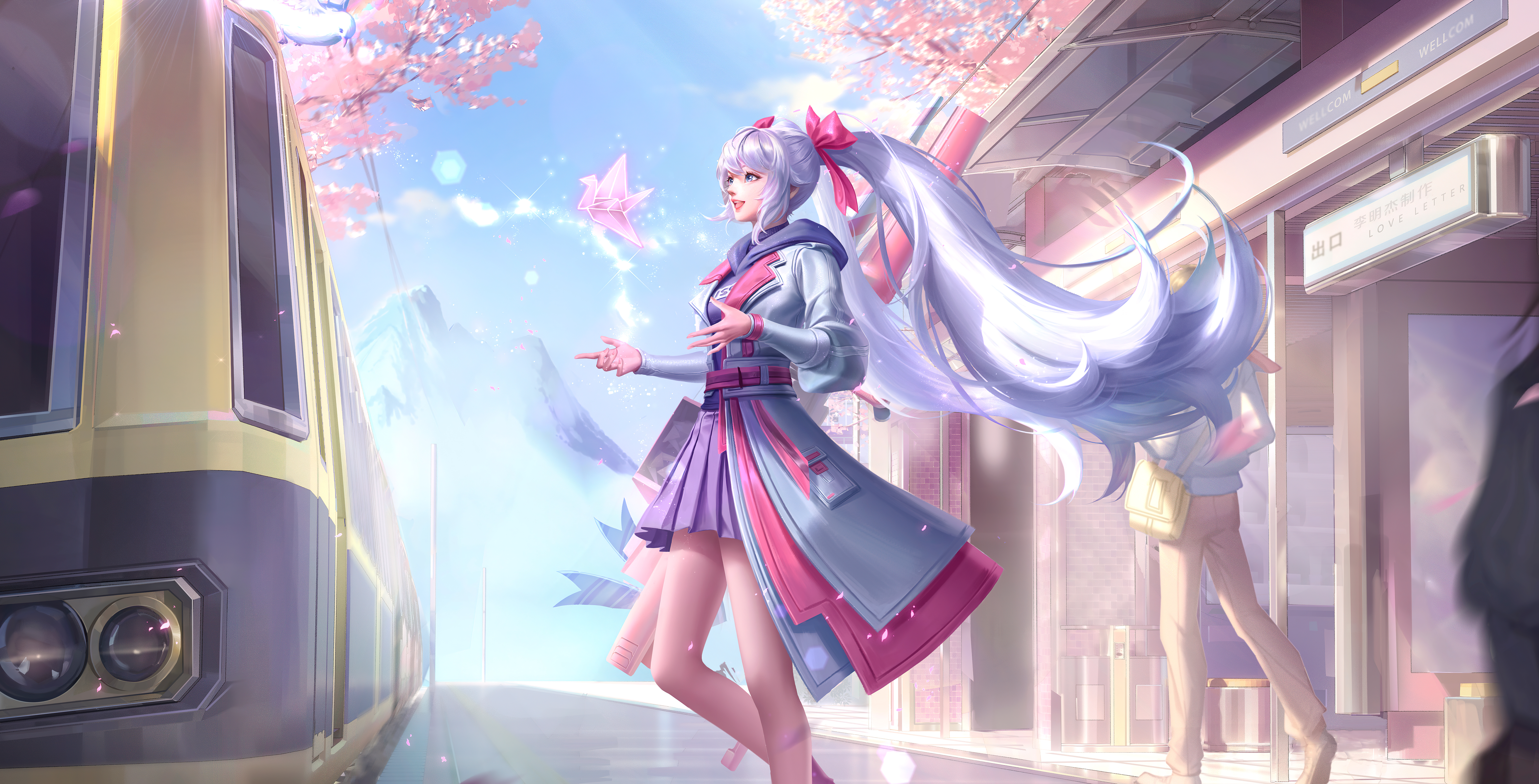 General 7066x3600 video games video game art video game characters cherry trees white hair long hair purple skirt skirt twintails