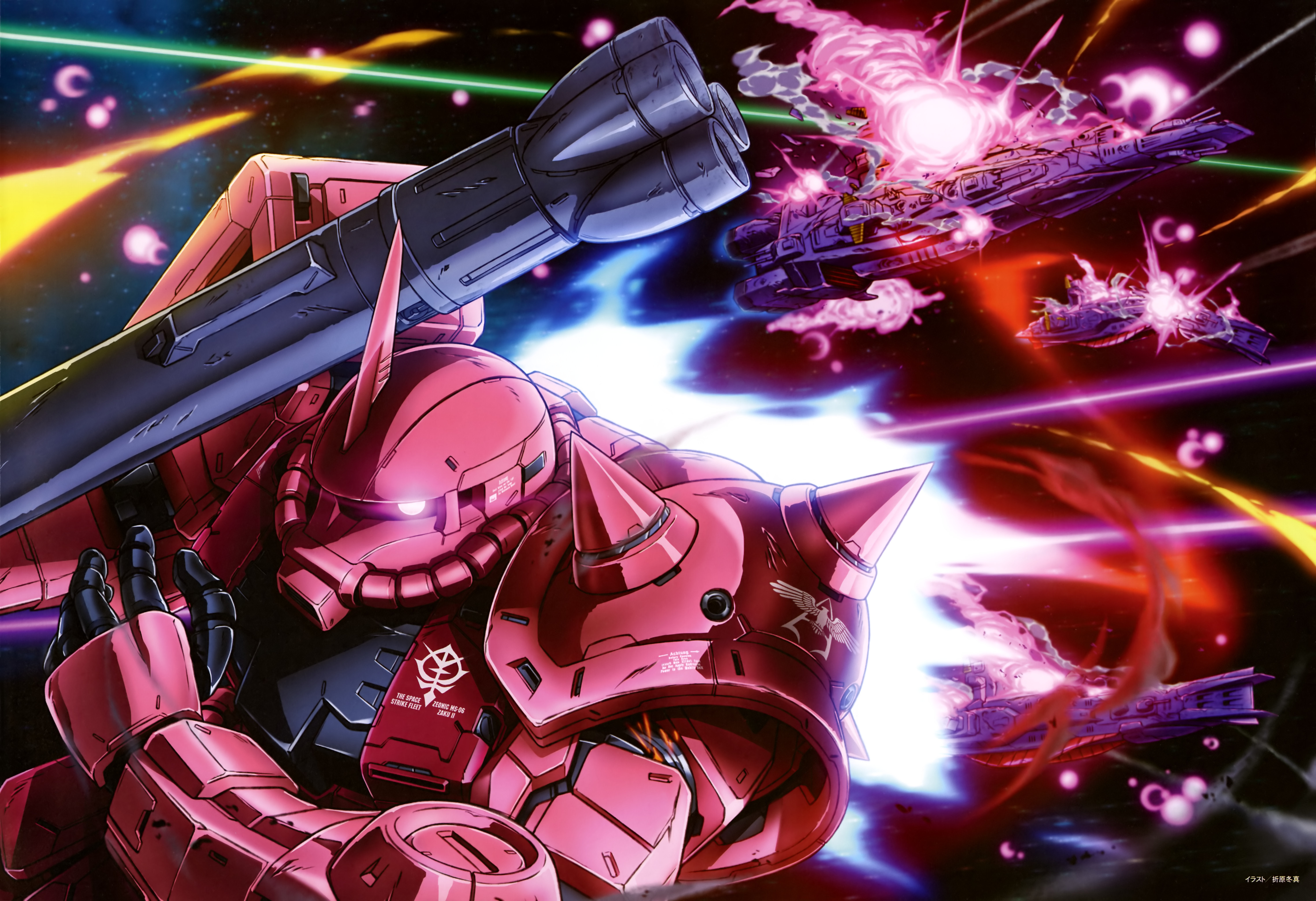 Anime 5971x4089 Zaku II Char's Custom Mobile Suit Mobile Suit Gundam anime mechs Super Robot Taisen artwork digital art fan art Principality of Zeon