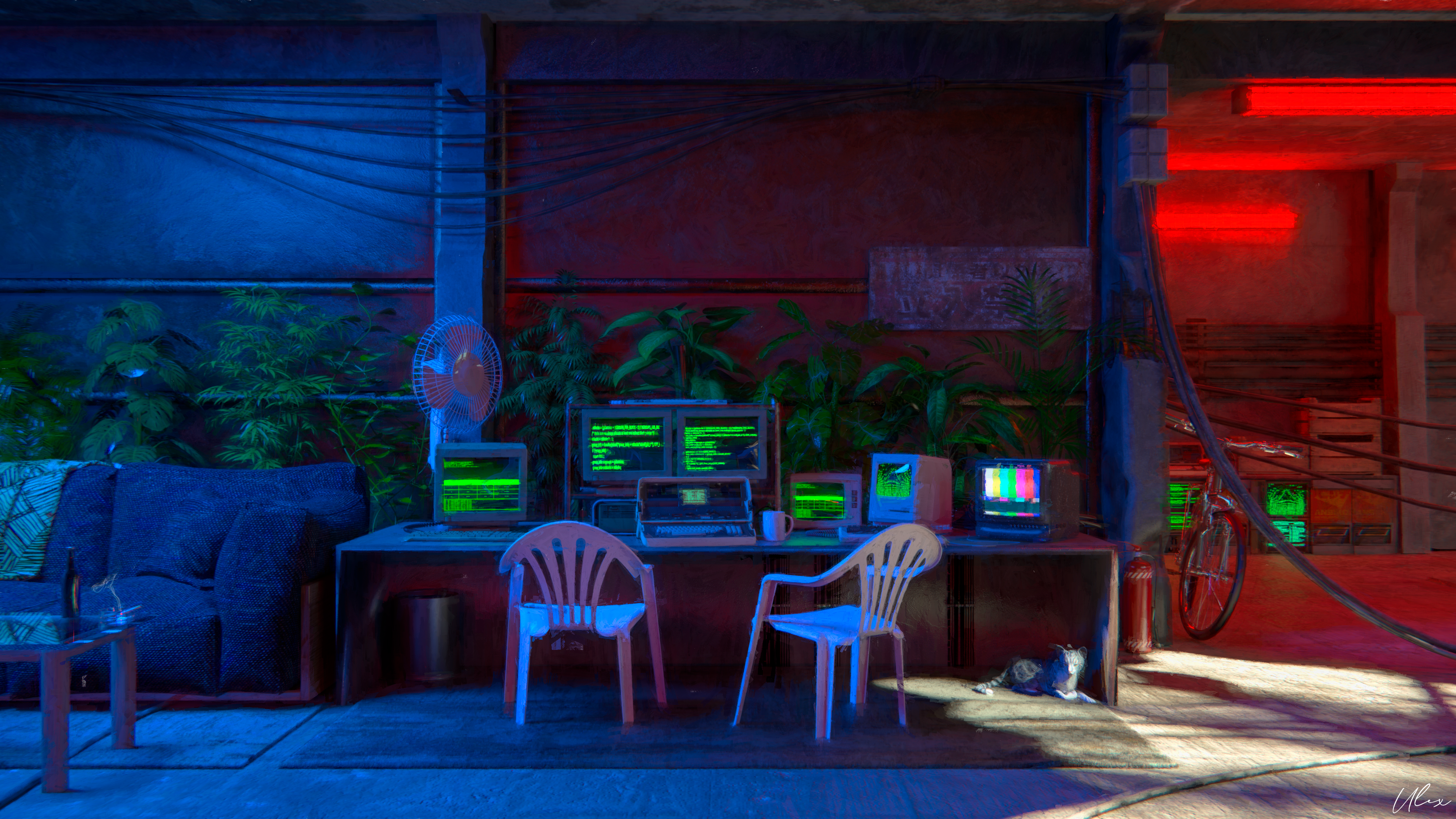 General 3840x2160 CGI digital art Blender shaders oil painting hacking 1980s plants neon basement cats cellars Hong Kong