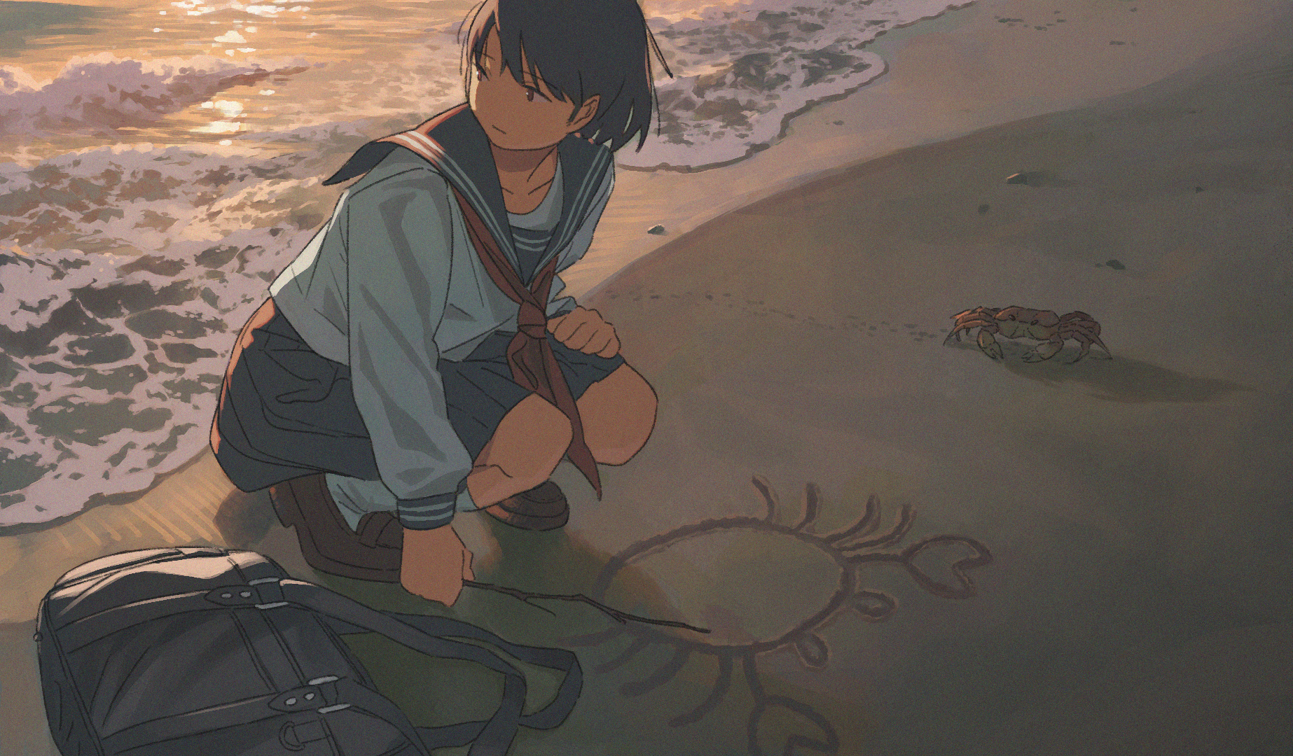 Anime 1846x1080 anime girls schoolgirl beach crabs sand school uniform water