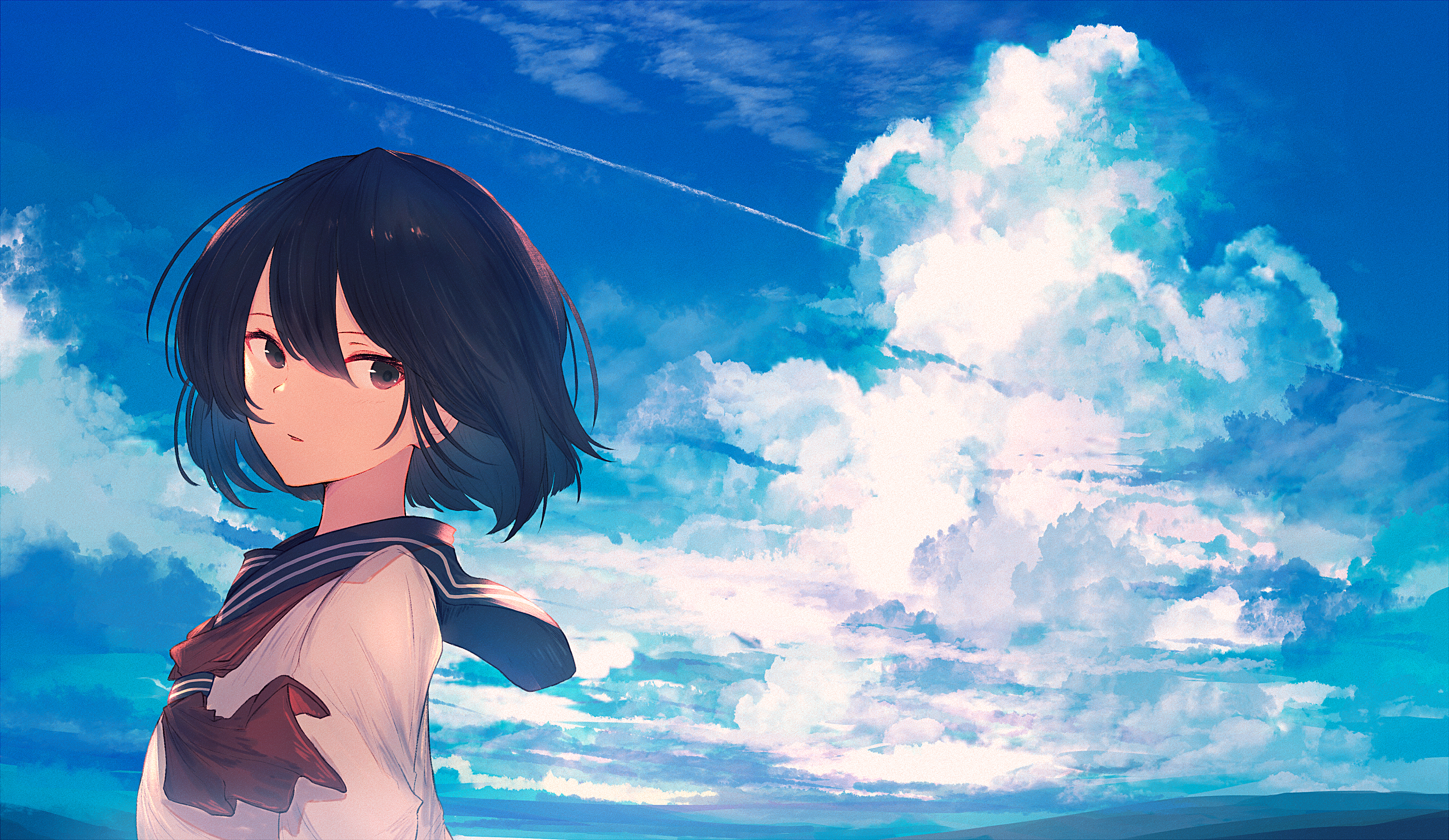 Anime 4000x2320 anime anime girls short hair black hair schoolgirl landscape clouds digital art artwork illustration blue sky outdoors school uniform