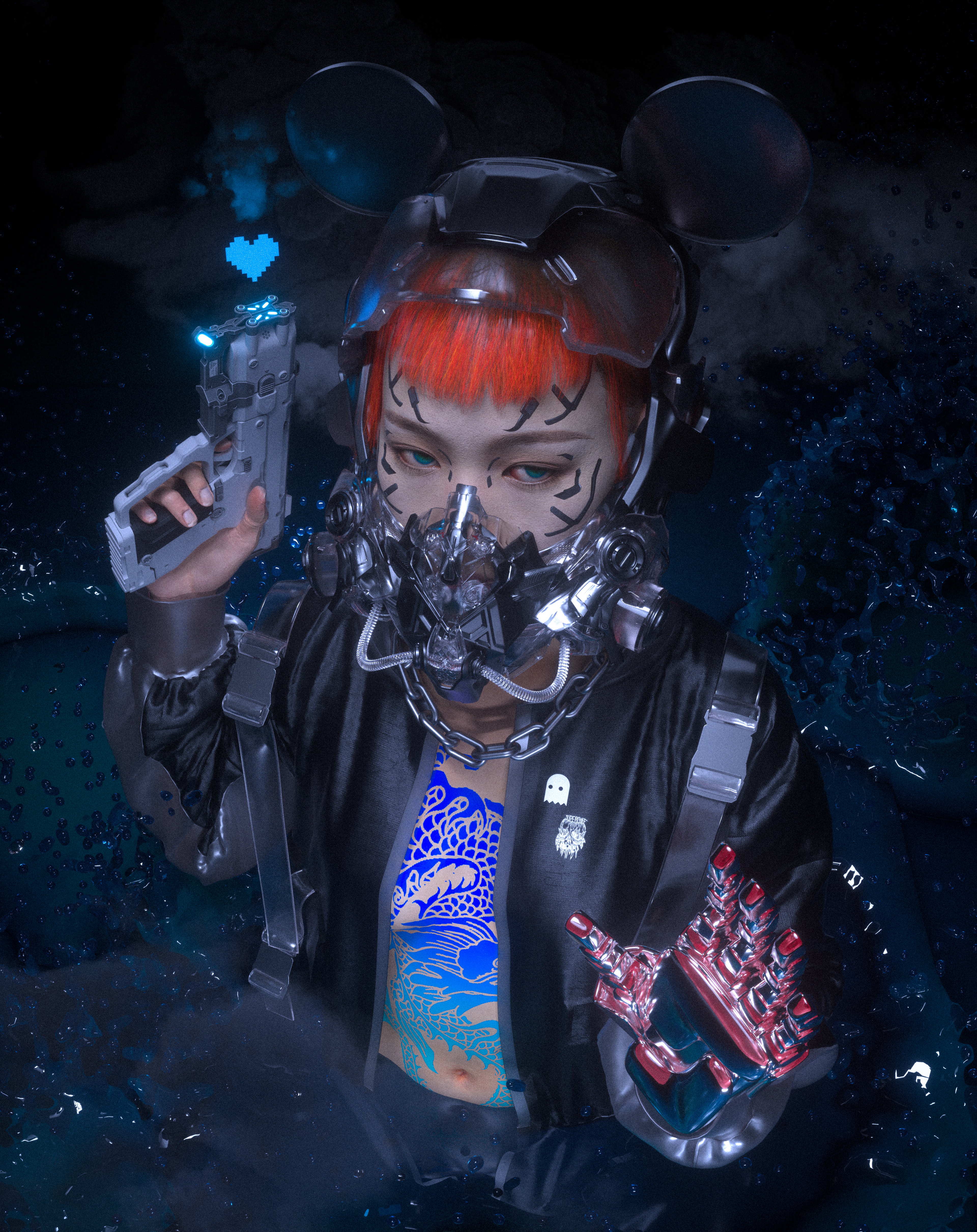 General 3840x4840 character design  portrait Asian women digital art CGI artwork redhead futuristic cyberpunk mouse ears gas masks mask gun girls with guns
