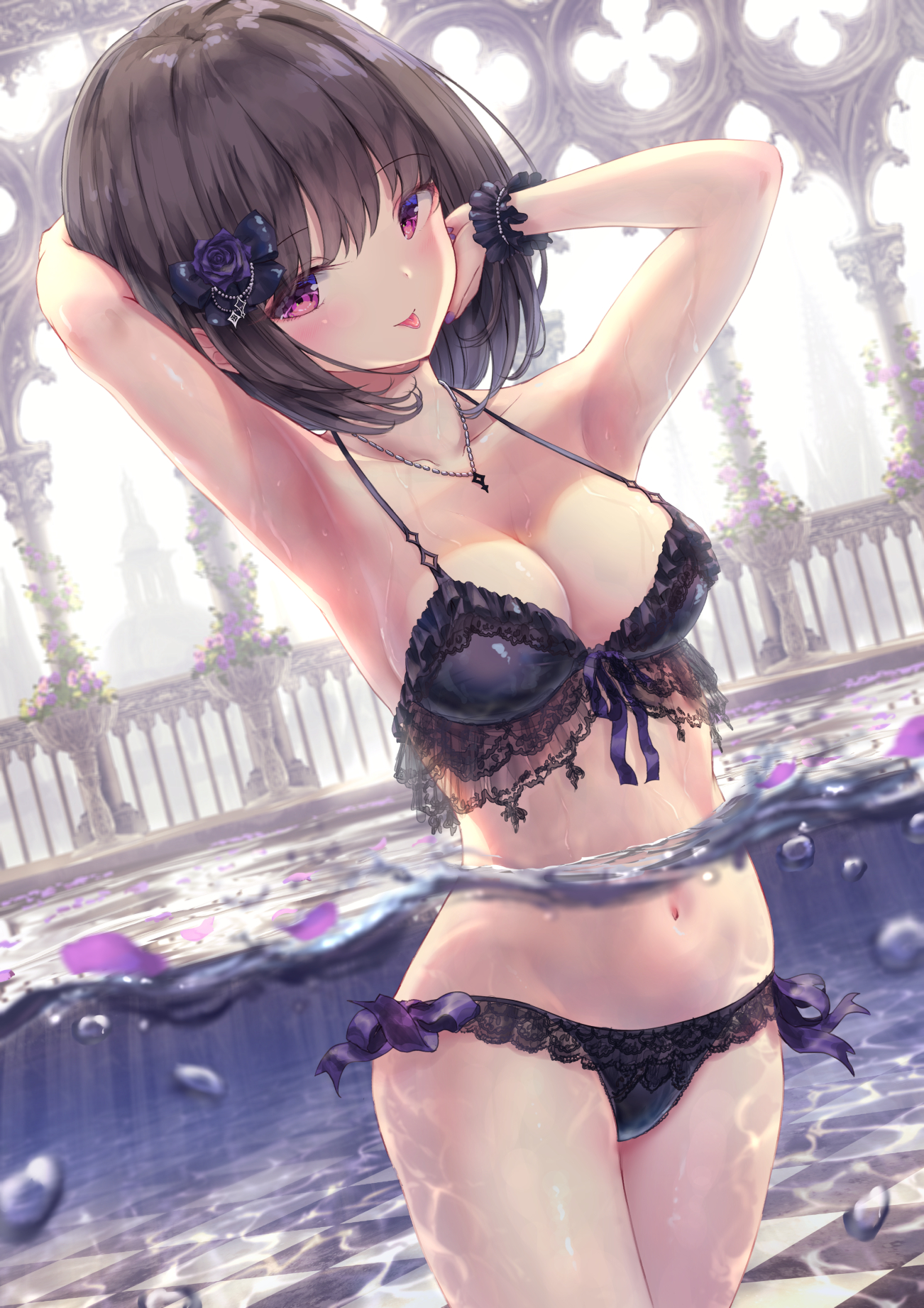 Anime 1302x1842 anime girls boobs swimwear water in water tongue out red eyes looking at viewer standing in water anime big boobs short hair portrait display necklace standing armpits shoulder length hair petals bow tie bubbles cleavage missile228 wet body wet bikini lolita fashion flower in hair wrist cuffs collarbone arms up