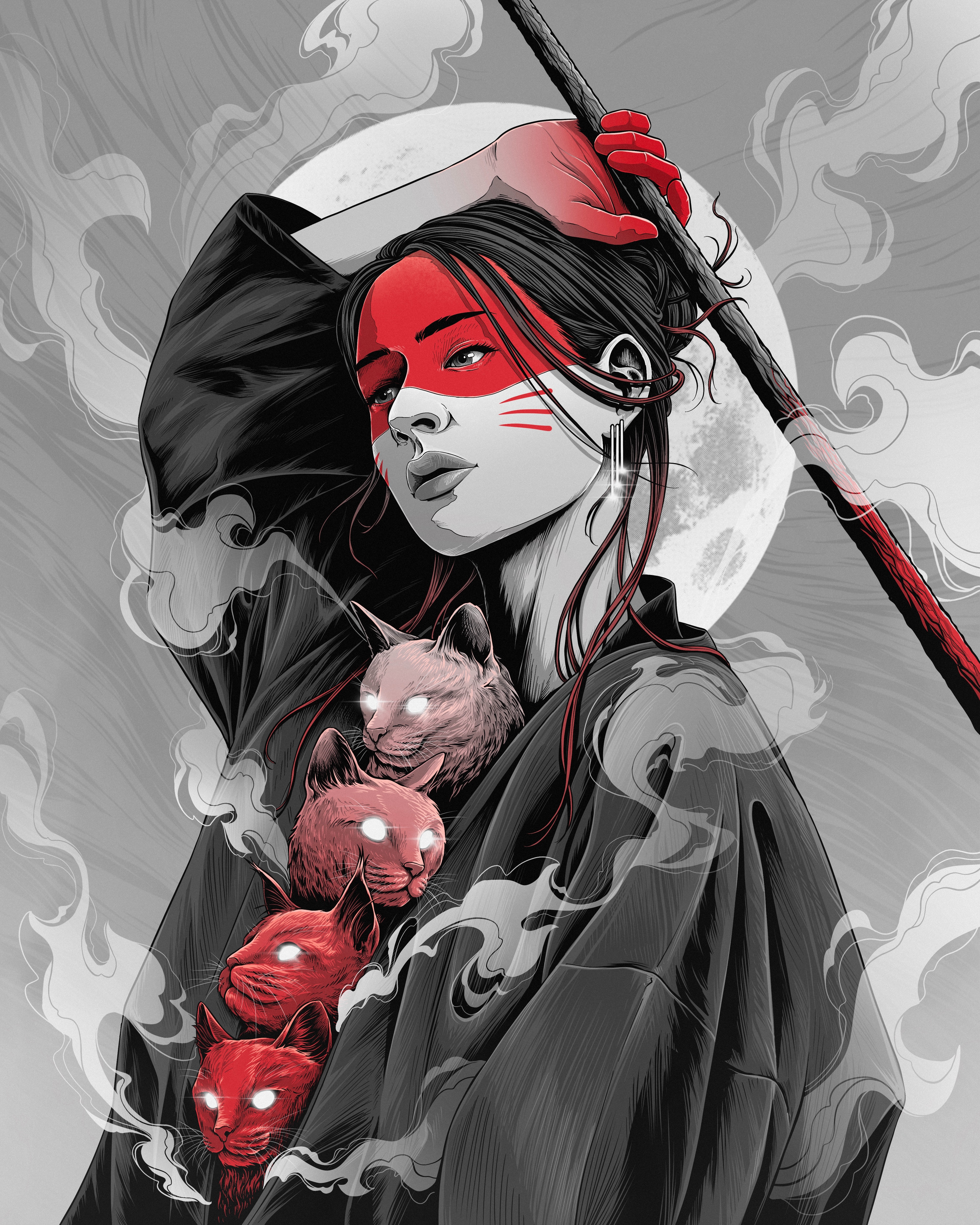 General 4000x5000 digital art artwork illustration drawing portrait red women cats abstract