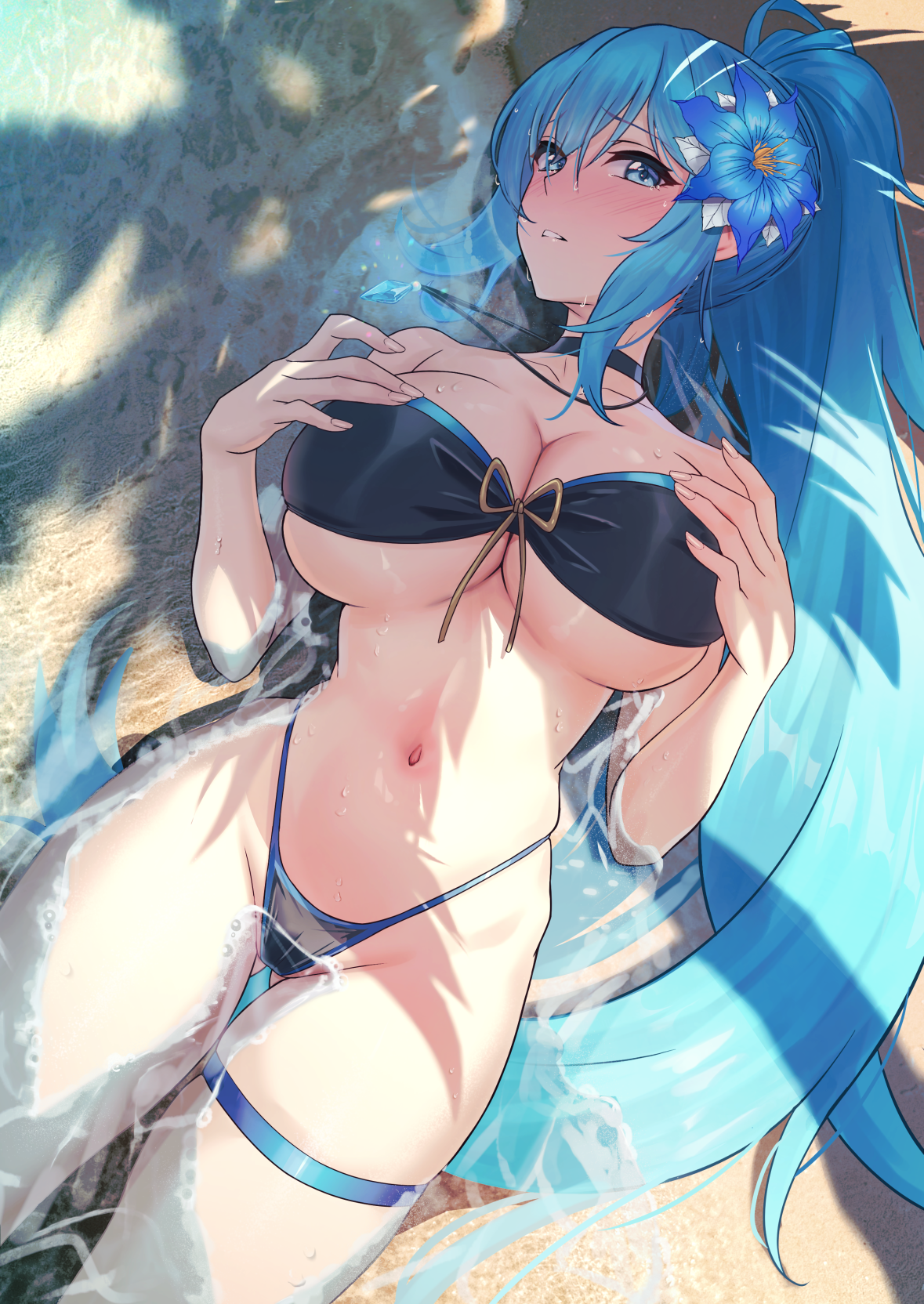 Anime 1179x1664 anime anime girls big boobs blue hair blue eyes flower in hair swimwear bikini water in water ponytail artwork SOLar