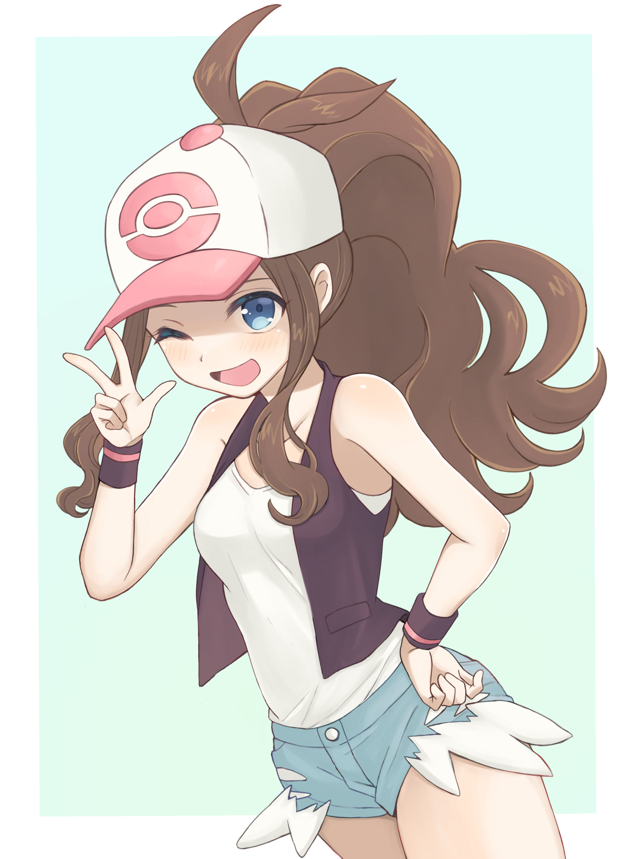 Anime 2097x2852 anime anime girls Pokémon Hilda (Pokémon) long hair ponytail brunette solo artwork digital art fan art hat peace sign