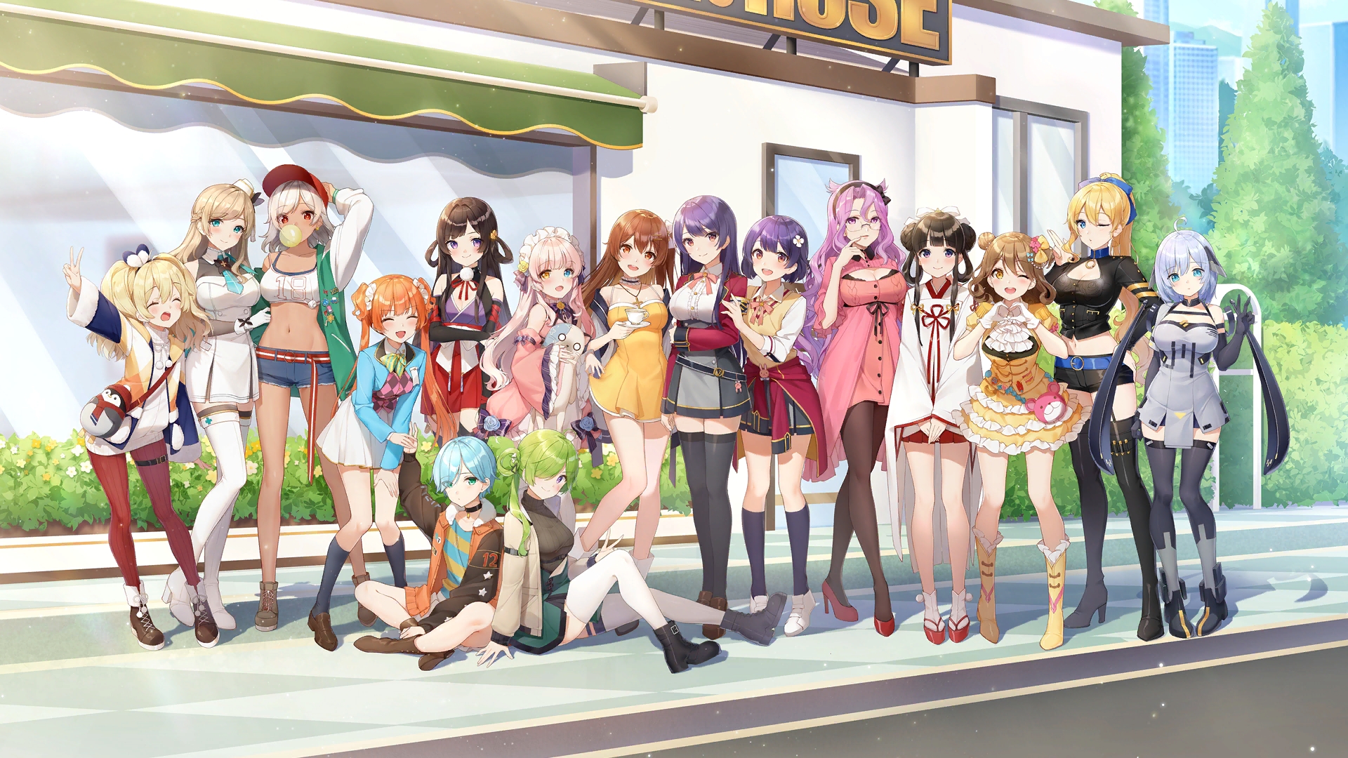 Anime 1920x1080 girl cafe gun anime girls heterochromia hat bubble gum line-up