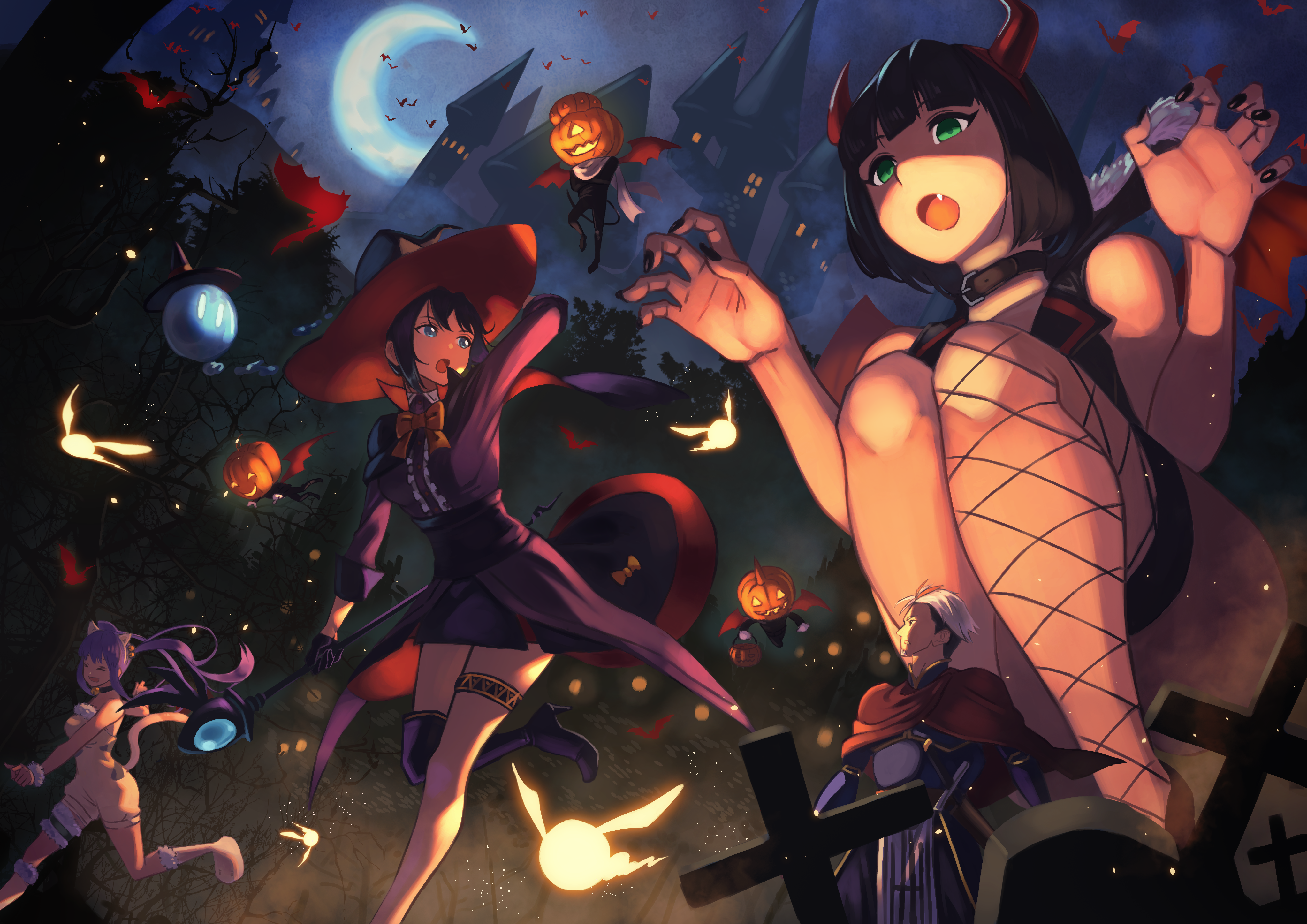 Anime 4093x2894 Halloween halloween costume pumpkin anime girls fishnet horns Moon bats