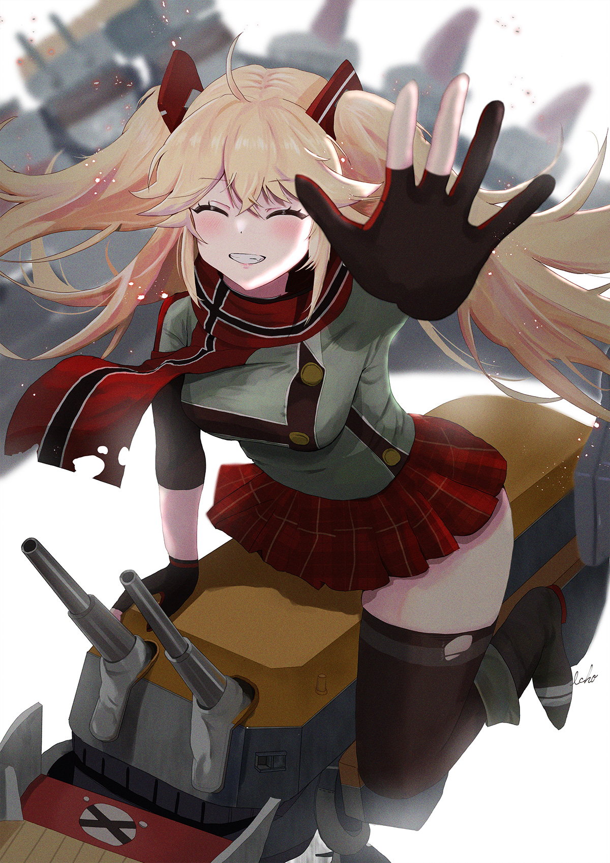 Anime 1200x1697 Azur Lane Blücher (Azur Lane) red eyes blonde long hair twintails hair accessories red ribbon red scarfs red skirt Rigging turrets Naval guns smiling happy happiness anime girls pale red gloves gloves anime skirt miniskirt stockings black stockings detailed high detail Caucasian european