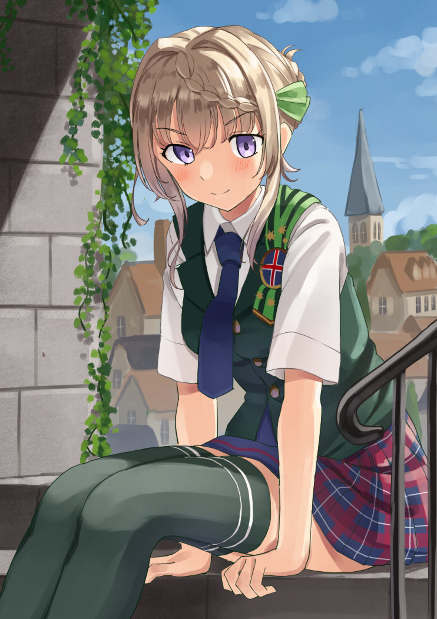Anime 1454x2058 anime anime girls Kantai Collection Perth (KanColle) long hair blonde solo artwork digital art fan art stockings sitting women outdoors green stockings tie plaid skirt skirt purple eyes green clothing looking at viewer thighs together