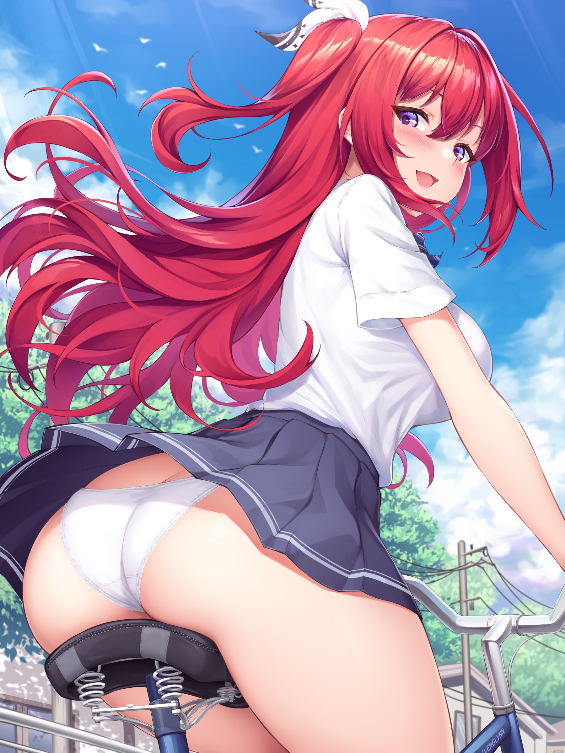 Anime 1800x2400 anime girls Ivenglynn ass school uniform bicycle panties redhead