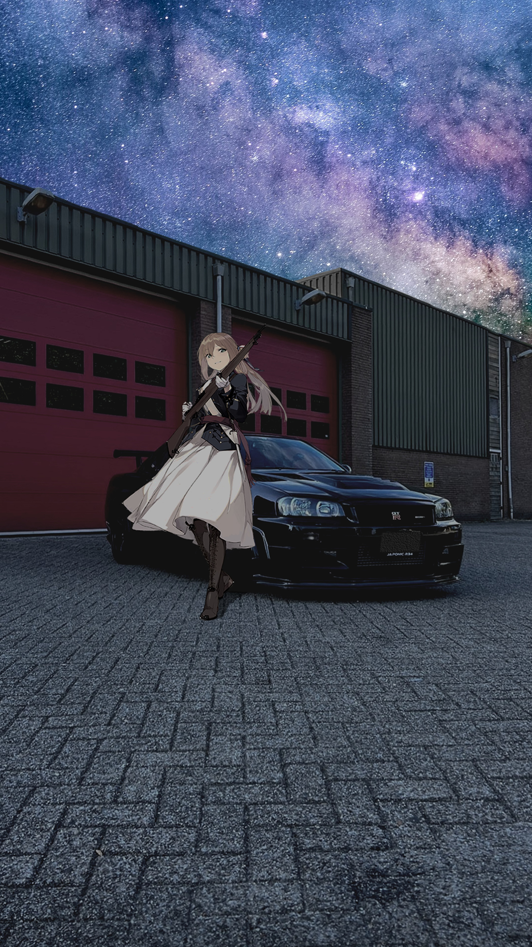 Anime 1080x1920 anime girls with guns jdmxanime Japanese cars Nissan Skyline R34 stars car animeirl