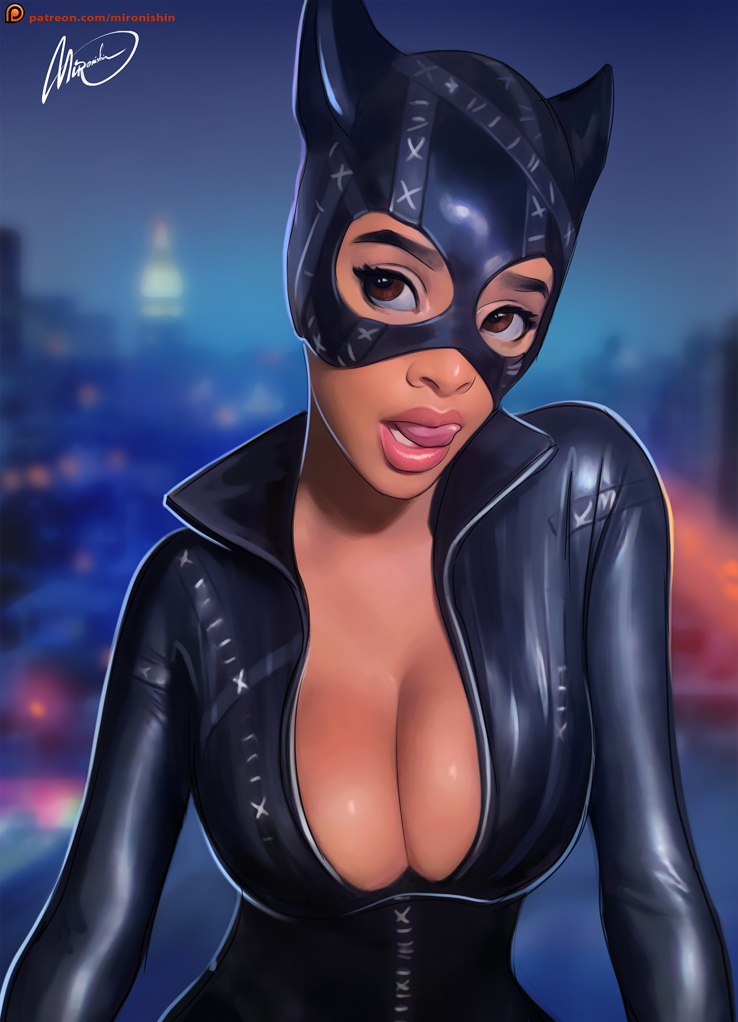 General 1460x2021 digital art patreon Catwoman licking lips cleavage dark skin thick eyebrows catsuit