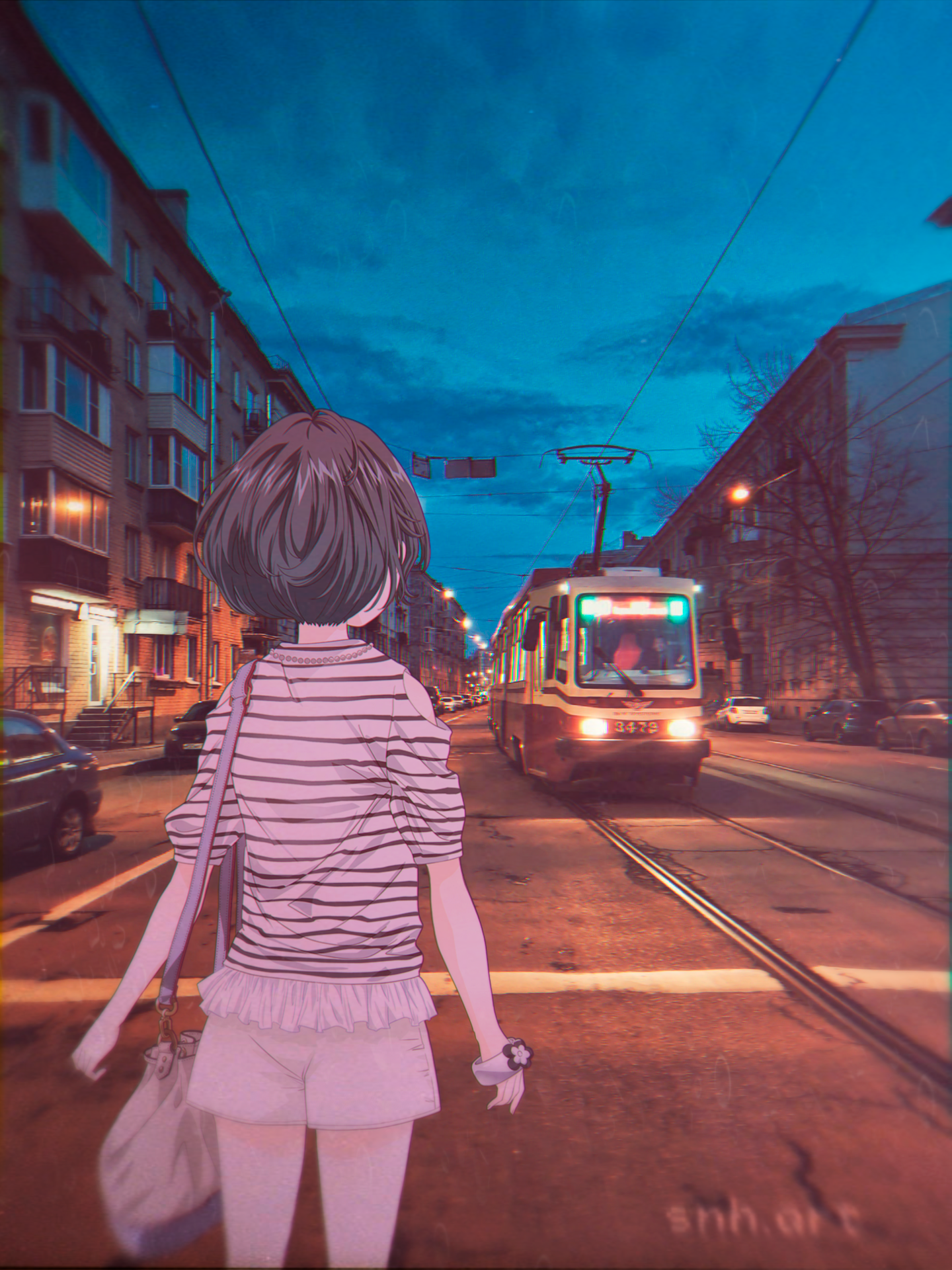 Anime 1440x1920 animeirl tram evening lights back anime anime girls