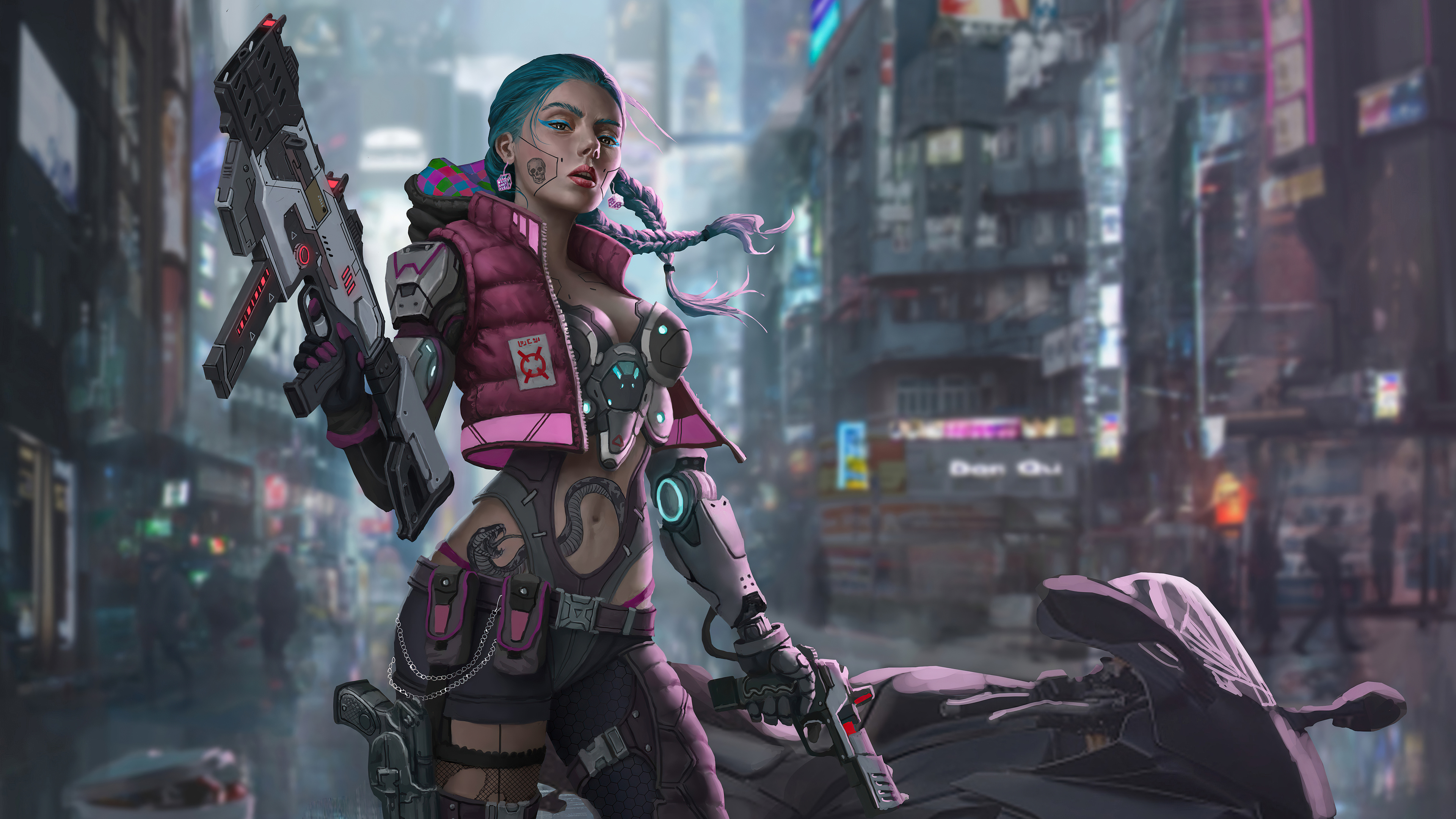 General 3840x2160 cyborg cyberpunk futuristic city women weapon motorcycle artwork depth of field CGI