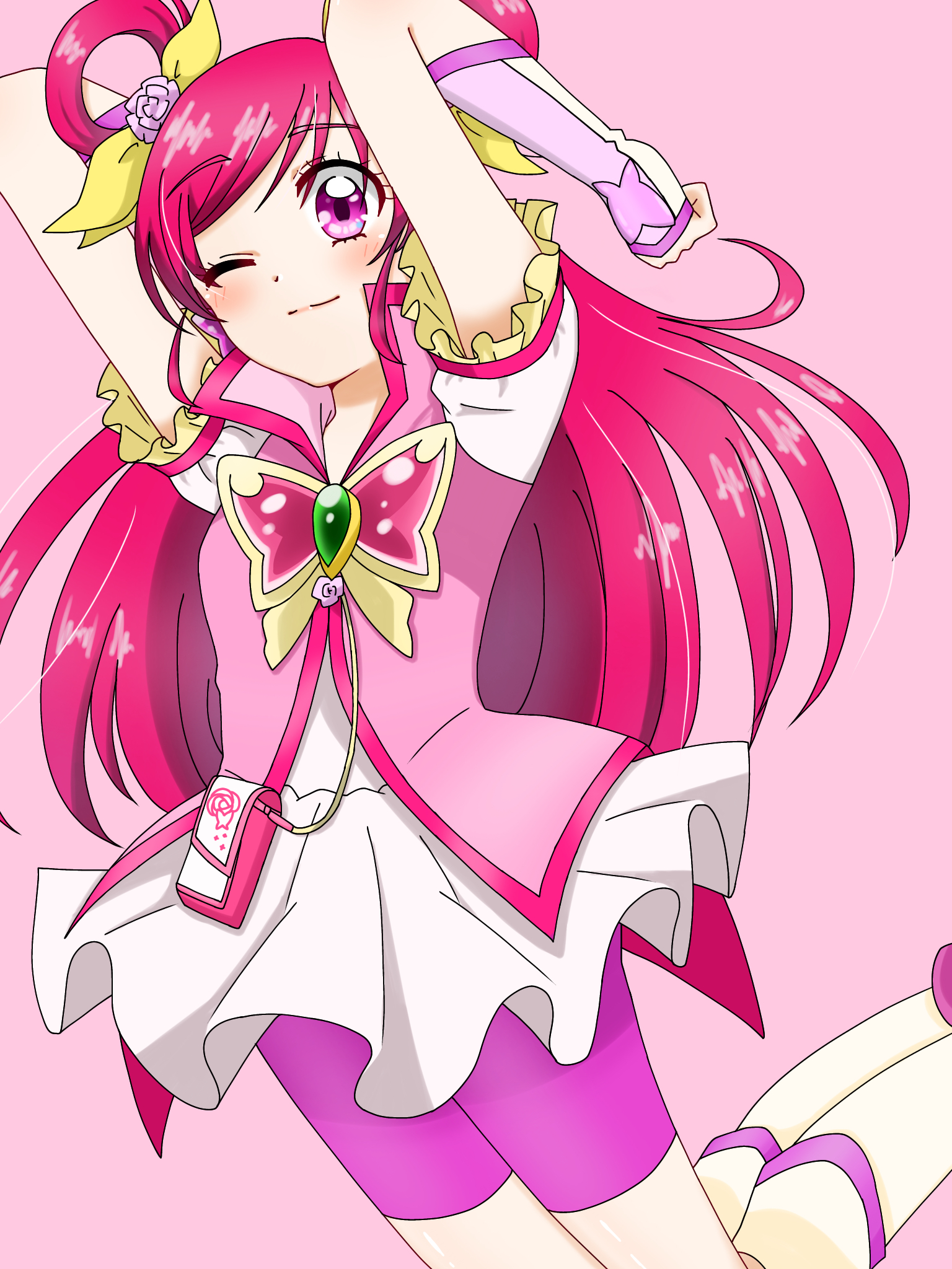 Anime 1536x2048 anime anime girls magical girls Pretty Cure Yes! Pretty Cure 5 Cure Dream Yumehara Nozomi long hair pink hair artwork fan art pink clothing one eye closed pink background arms up