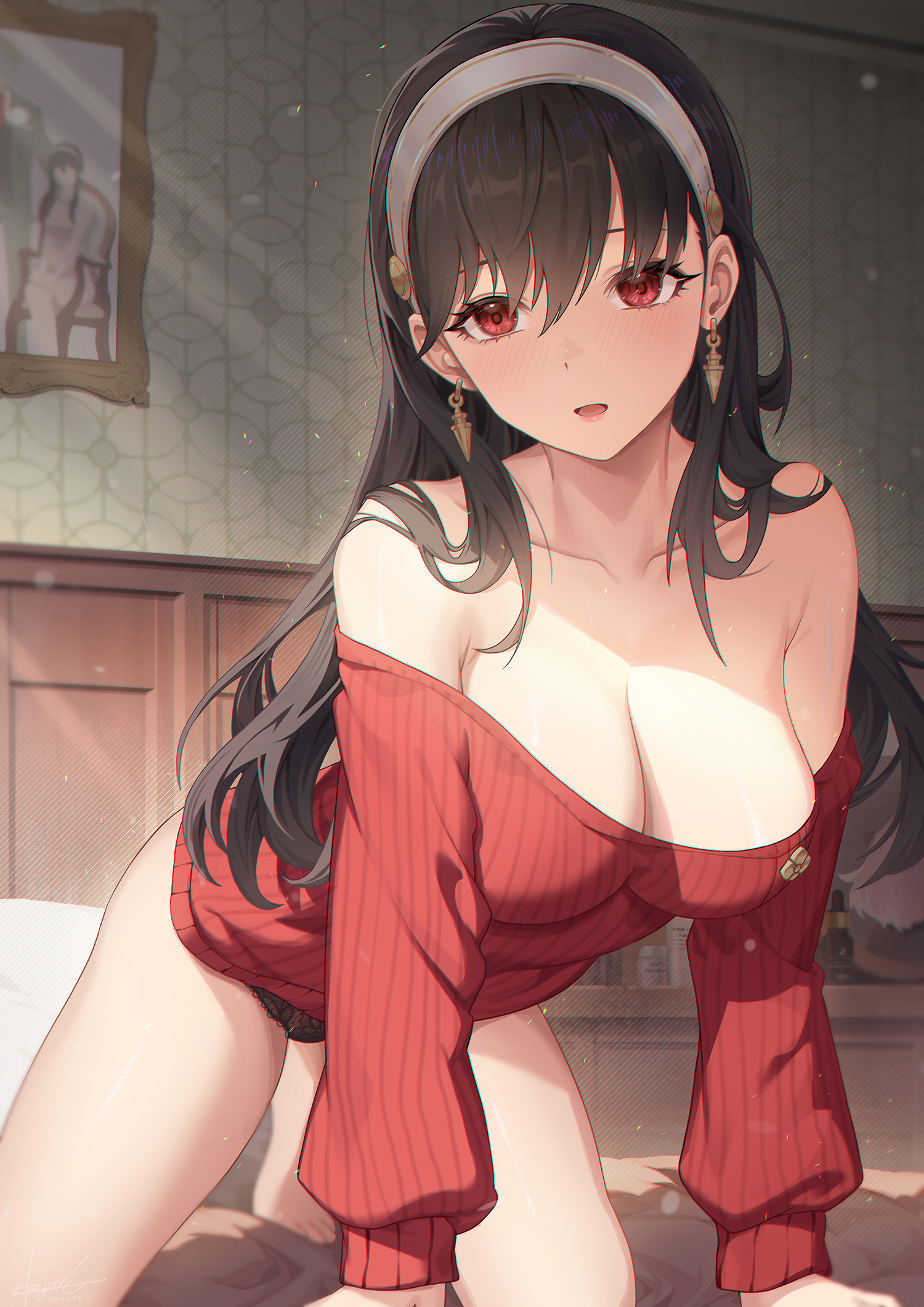 Anime 1500x2122 anime anime girls Spy x Family Yor Forger bent over cleavage bare shoulders sweater artwork Leaf98k