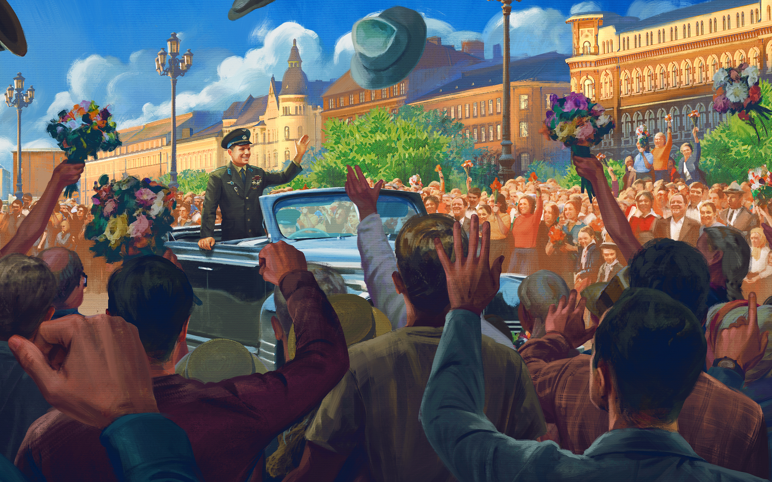 General 2560x1600 Yuri Gagarin USSR crowds people digital art