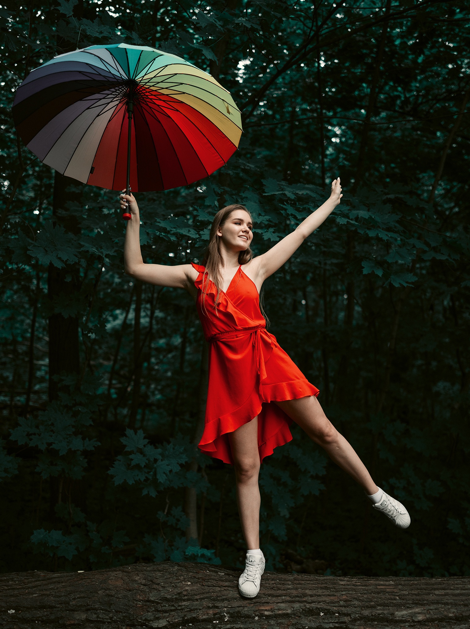 People 1495x2000 women model Vladimir Stefanovich women outdoors umbrella women with umbrella red dress dress red clothing smiling legs arms up looking away brunette Milky Kiss portrait display