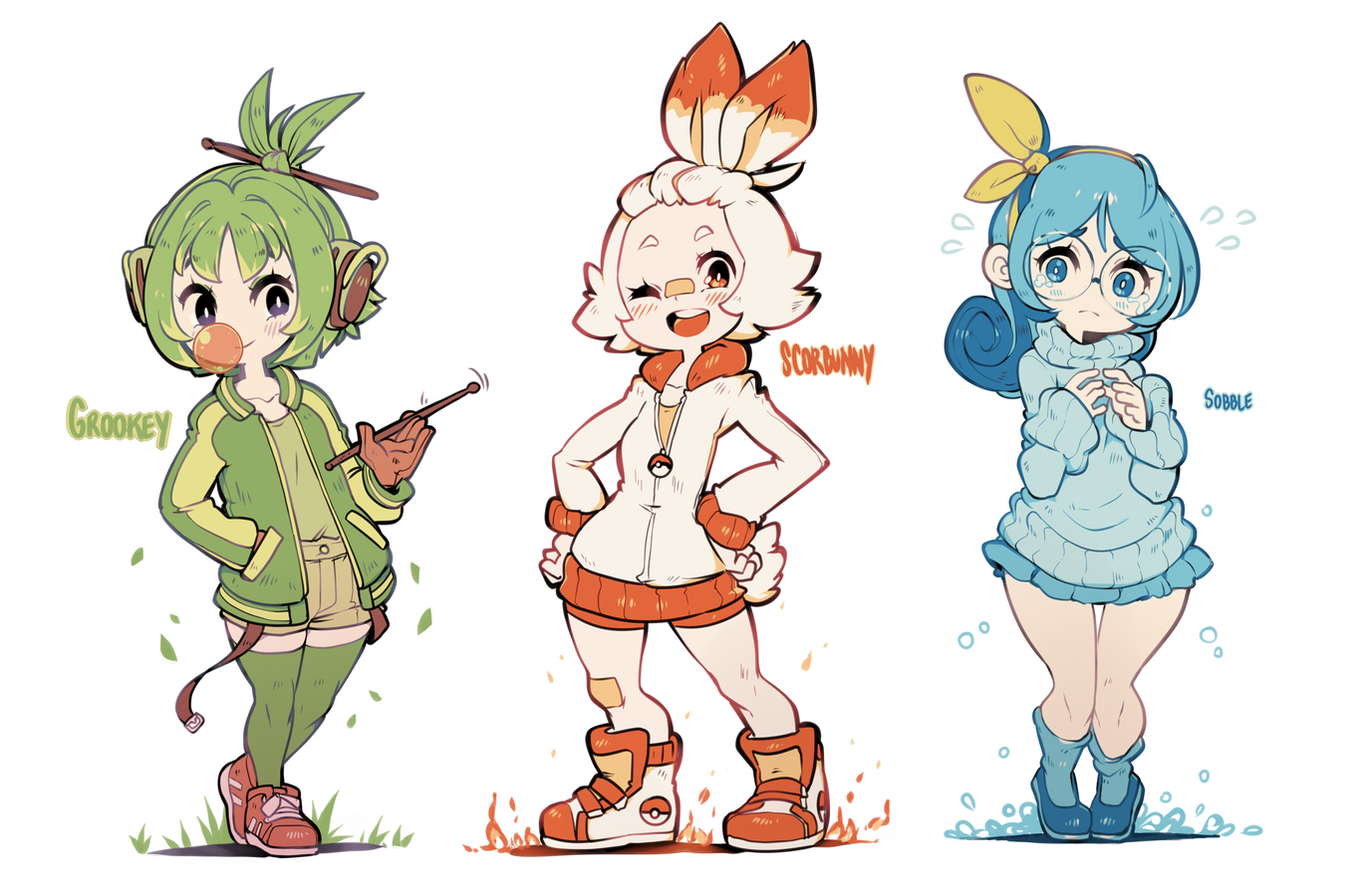 Anime 1374x900 Pokémon digital art drawing anime girls Scorbunny (Pokémon) Sobble (Pokémon) Grookey (Pokémon)