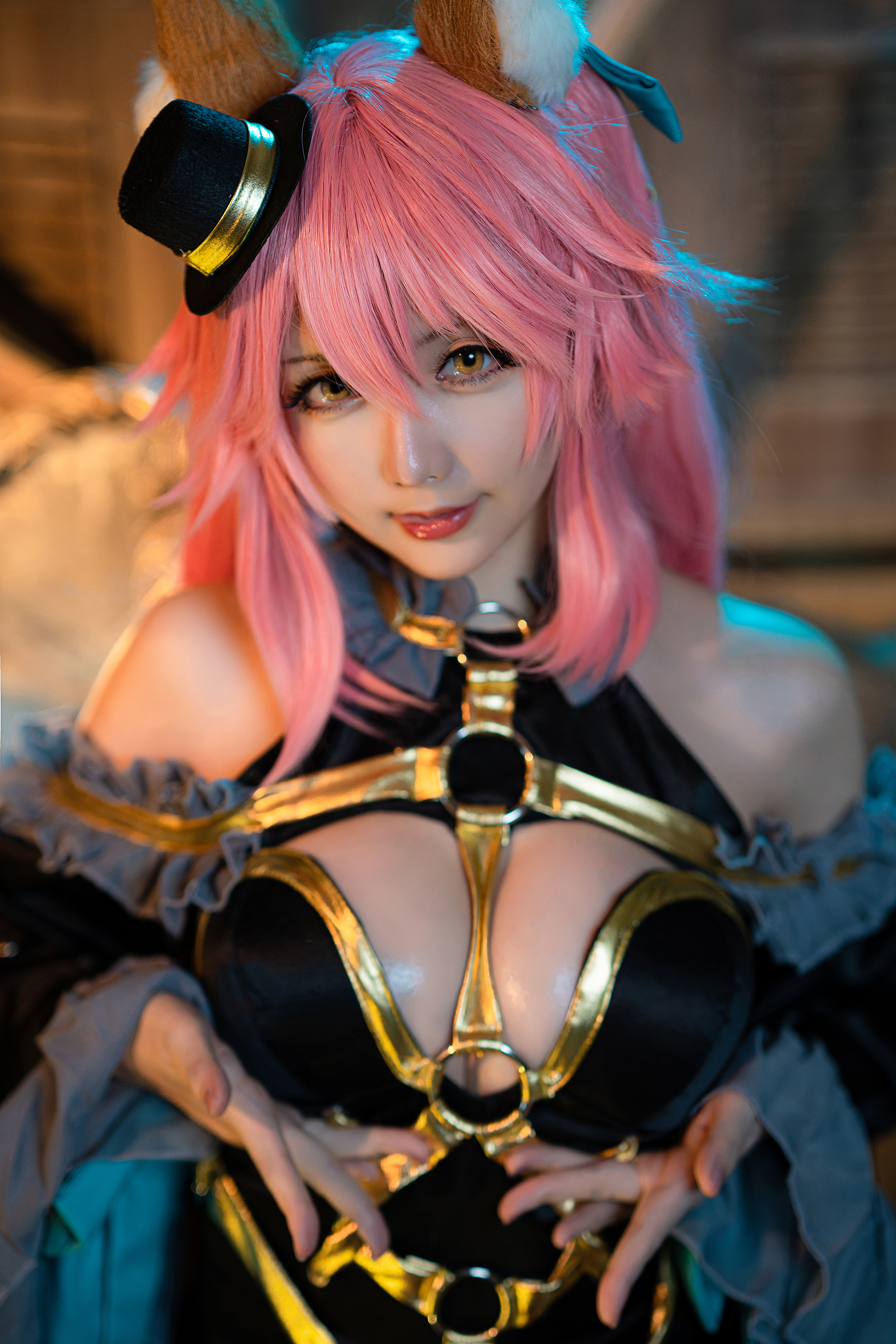 People 2000x2998 Hoshilily cosplay anime girls Tamamo no Mae (fate/grand order) Fate/Extra Fate/Extra CCC pink hair fake boobs women women indoors looking at viewer model Asian body harness