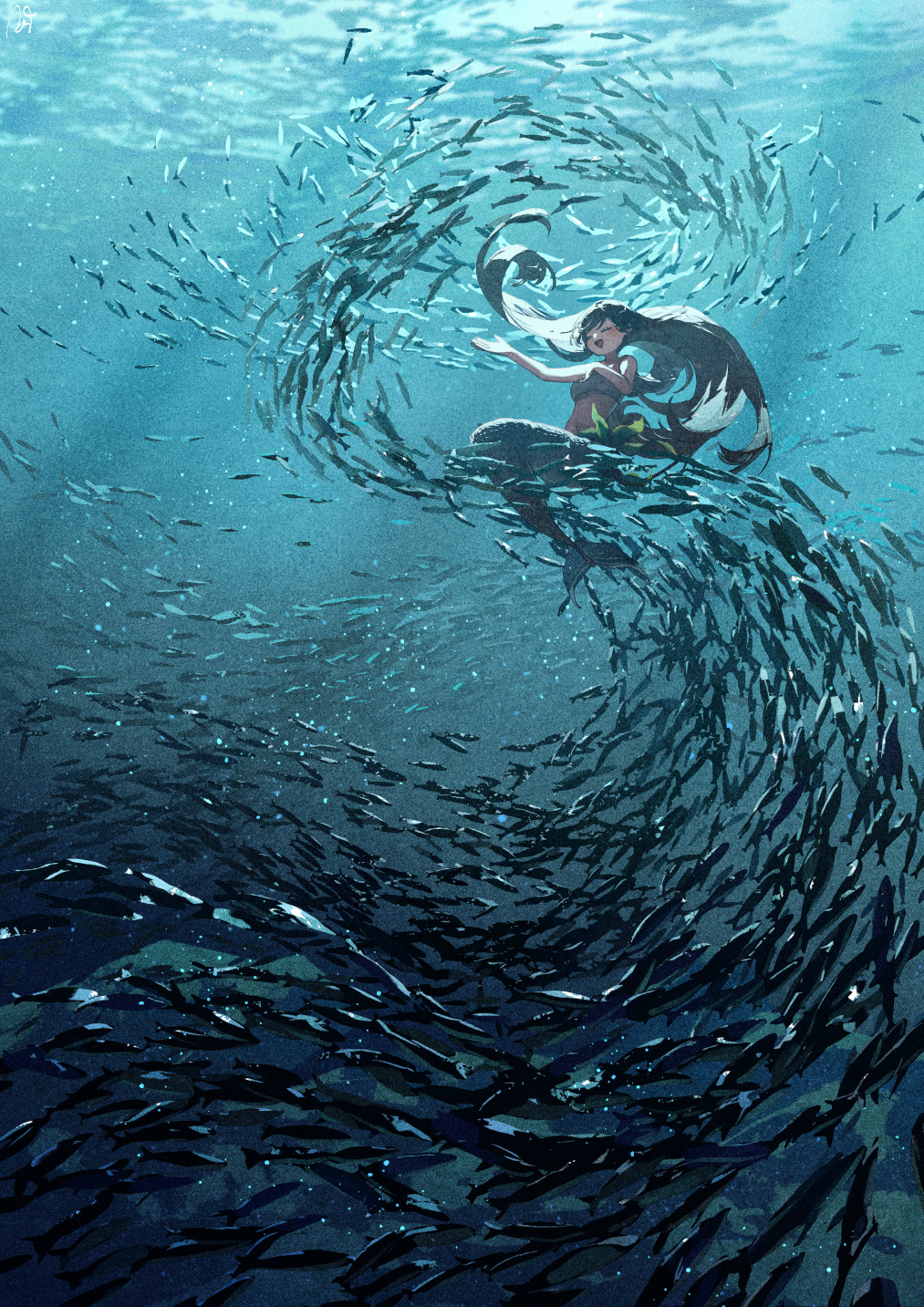 Anime 1013x1433 Potg anime girls illustration artwork portrait display sea fish mermaids underwater blue singing in water water