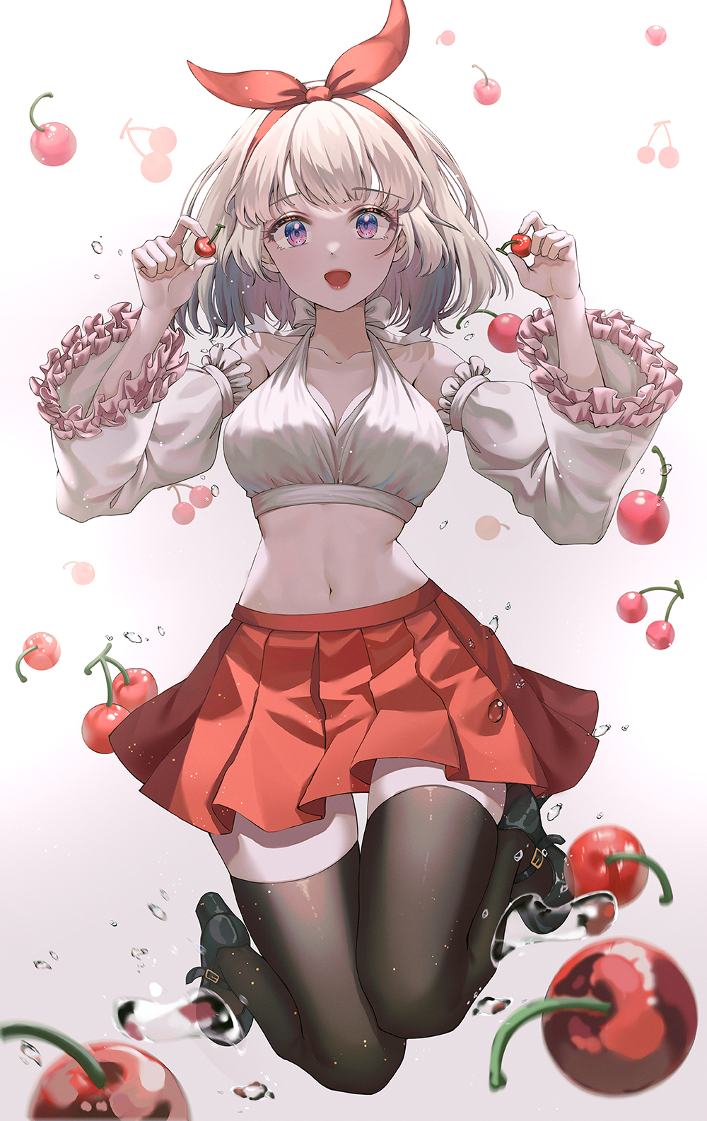 Anime 1000x1586 anime girls anime digital art artwork looking at viewer 2D belly belly button portrait portrait display ecchi skirt fruit cherries