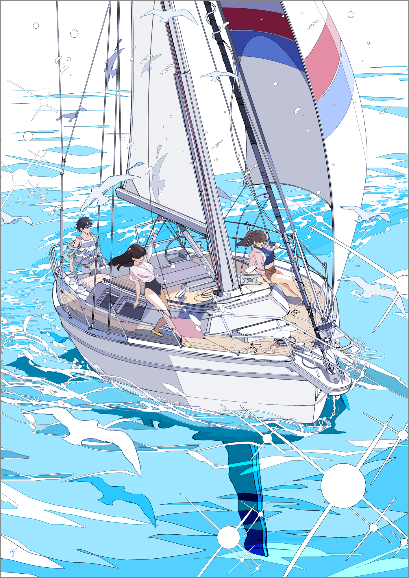 Anime 1415x2000 anime anime girls anime boys boat water birds reflection swimwear