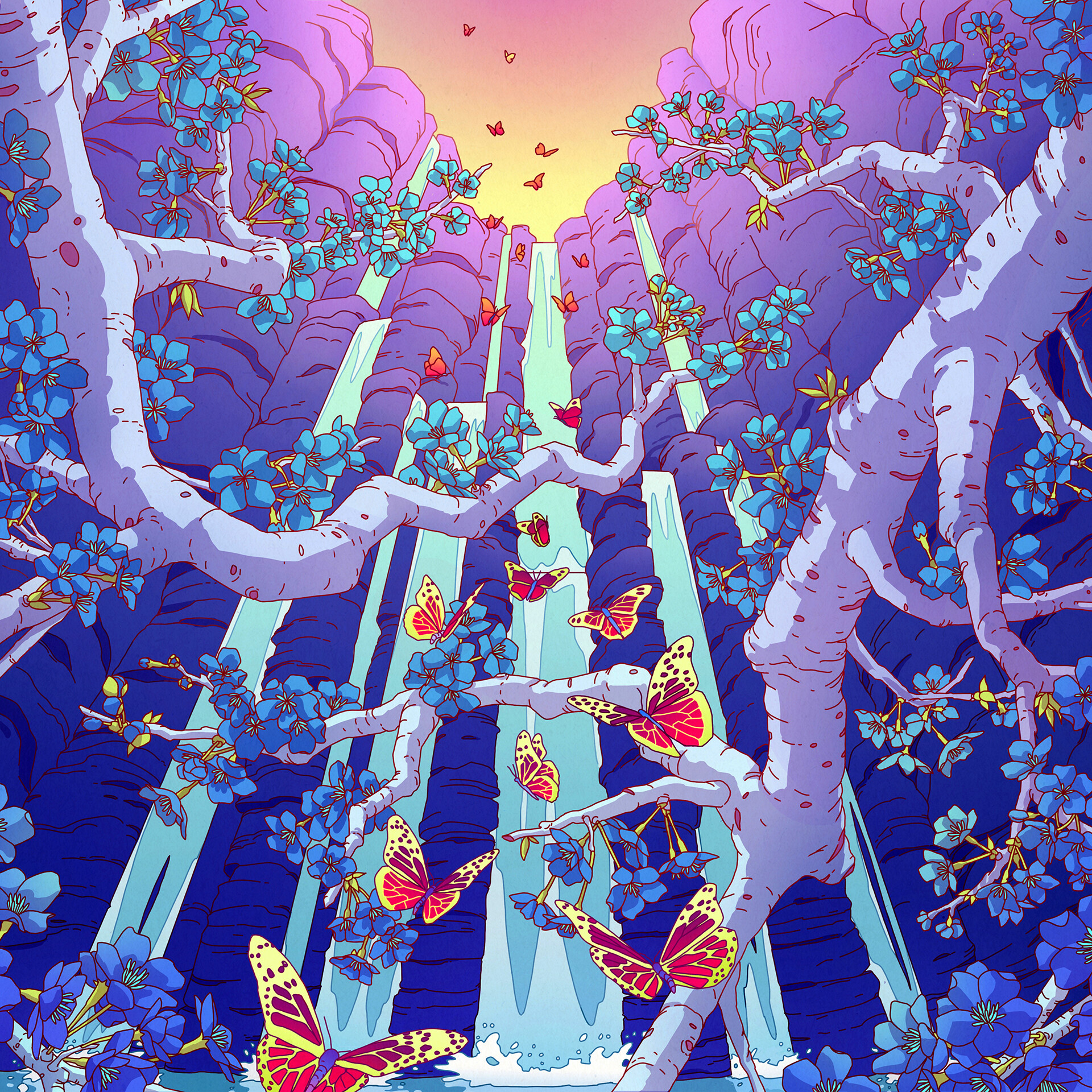 General 1920x1920 concept art illustration artwork waterfall nature colorful butterfly flowers Camila Nogueira