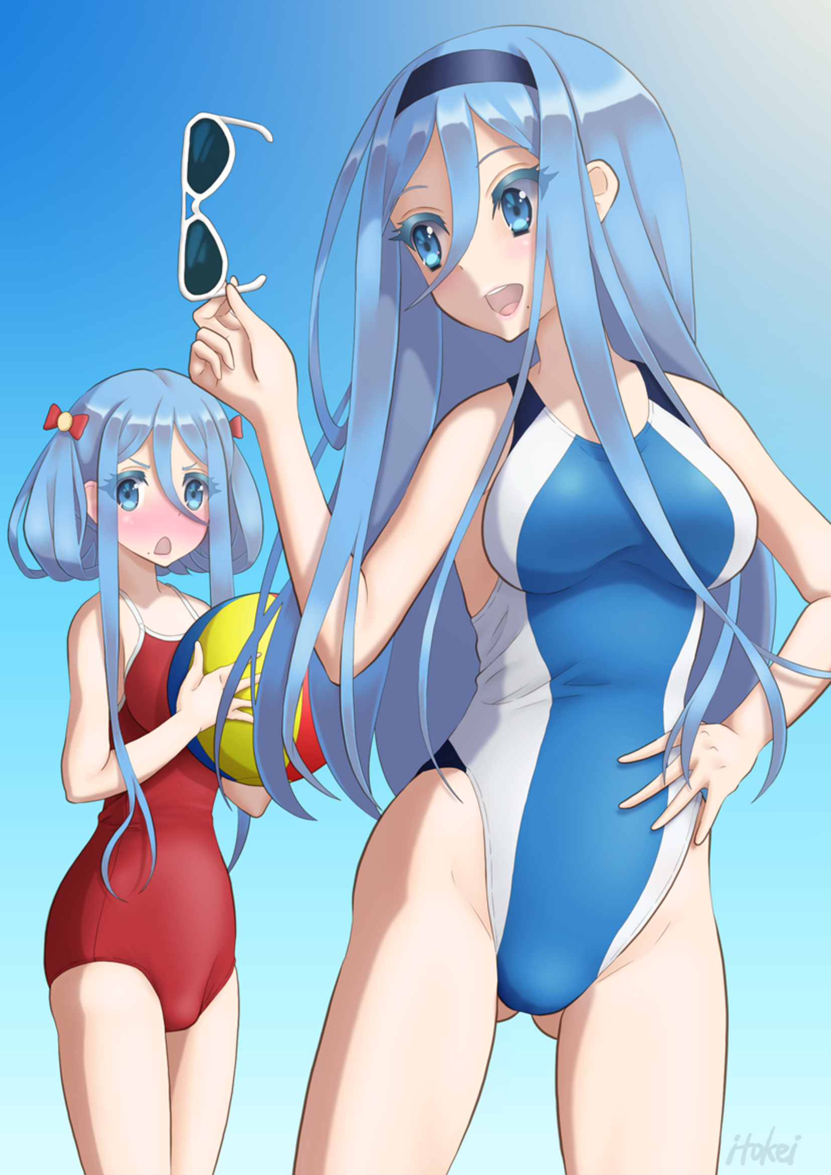 Anime 1654x2338 anime anime girls Takao (Aoki Hagane no Arpeggio) Atago (Aoki Hagane no Arpeggio) Aoki Hagane no Arpeggio long hair blue hair artwork digital art fan art swimwear