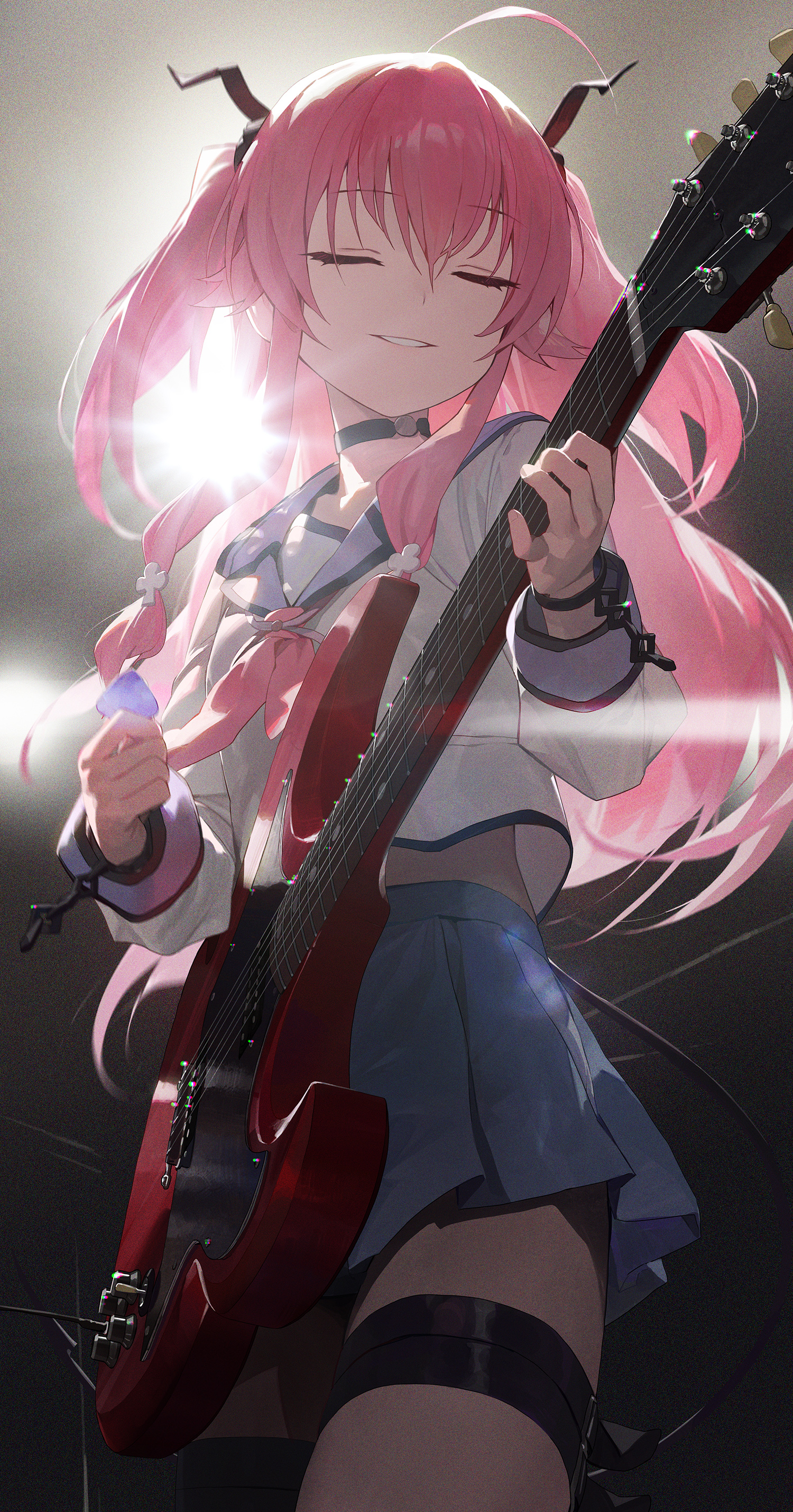 Anime 1500x2859 anime anime girls Angel Beats! Yui (Angel Beats!) closed eyes pink hair guitar musical instrument school uniform artwork Mossi (artist) plectrum