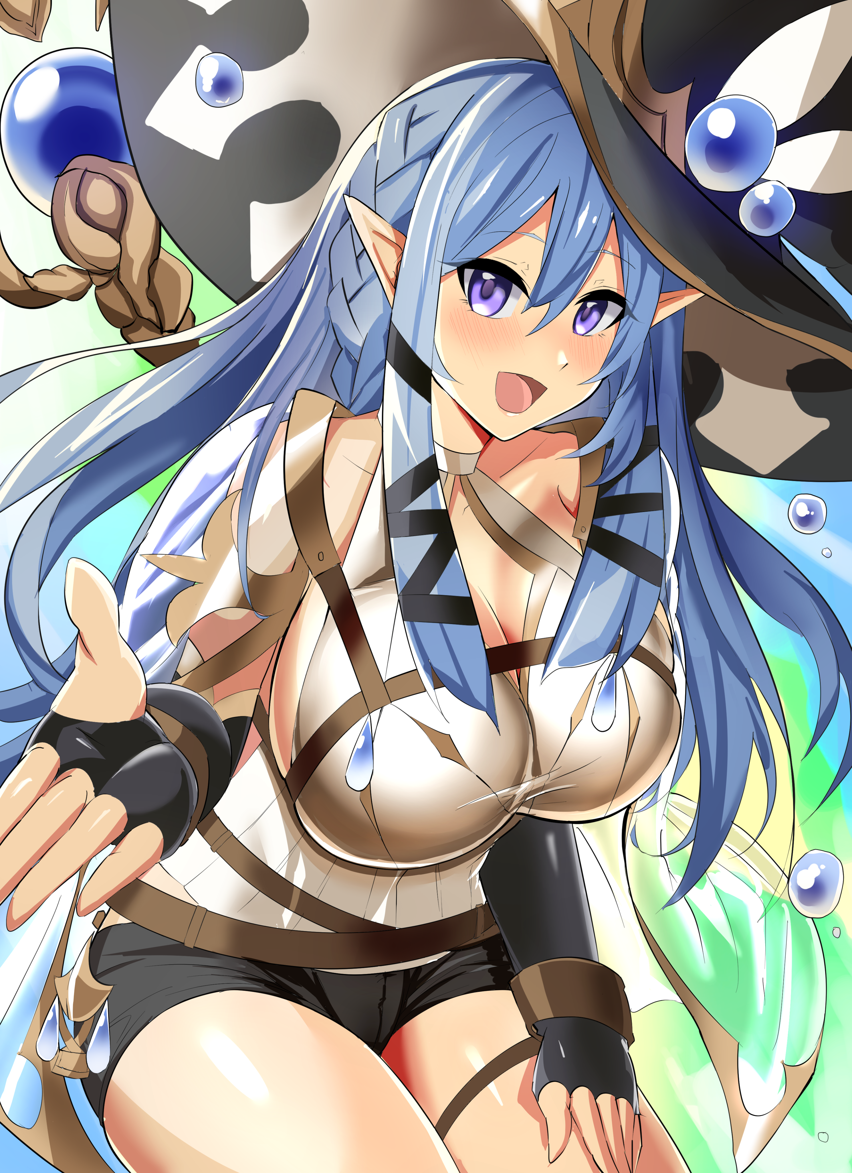 Anime 2978x4096 Water Enchantress of the Temple anime anime girls Trading Card Games Yu-Gi-Oh! long hair blue hair artwork digital art fan art arms reaching big boobs bare shoulders blue eyes hair between eyes gloves fingerless gloves leg ring collarbone cleavage looking at viewer thighs open mouth witch hat staff elbow gloves hand on thigh sidelocks