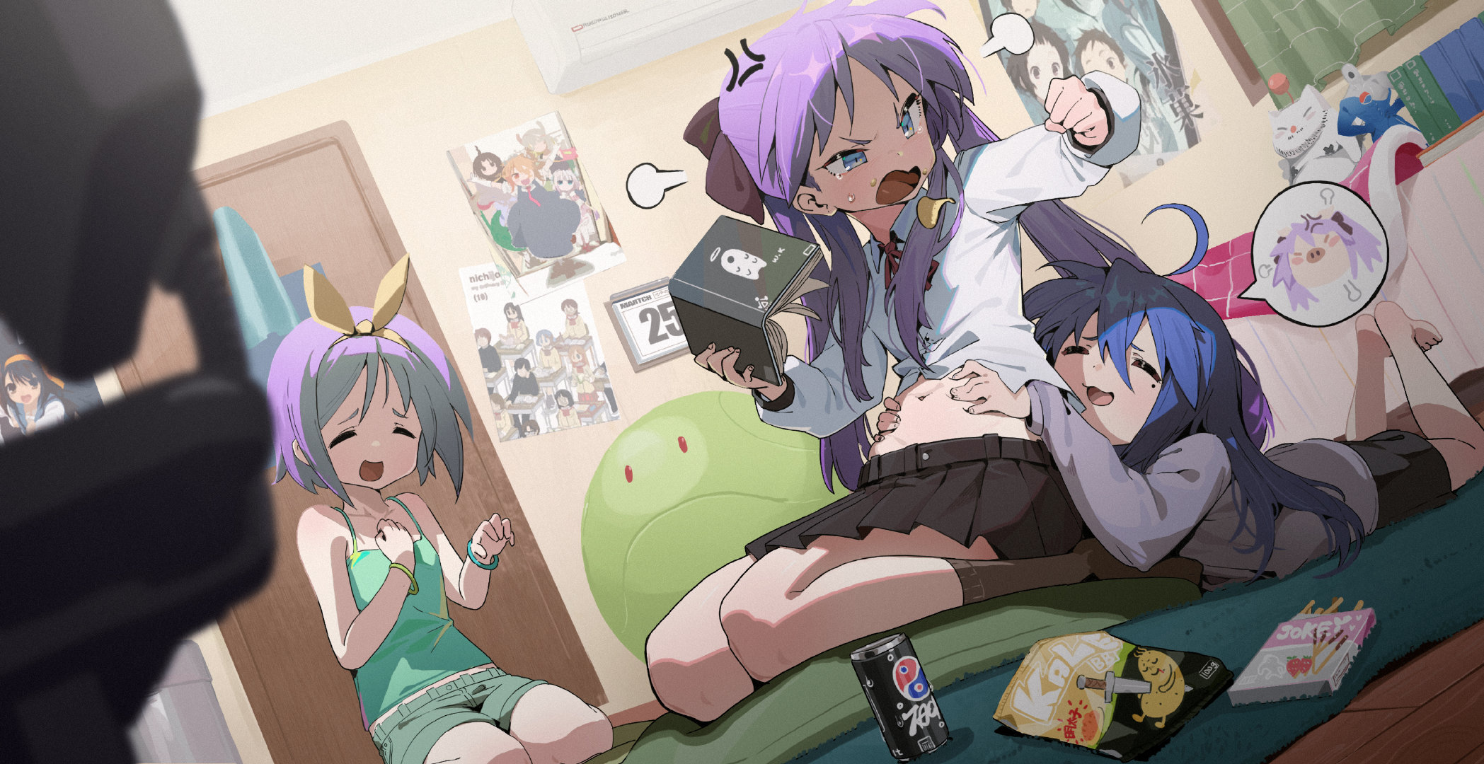 Anime 2097x1080 Waterkuma Pixiv Lucky Star anime anime girls closed eyes blue hair purple hair school uniform drink books belly belly button