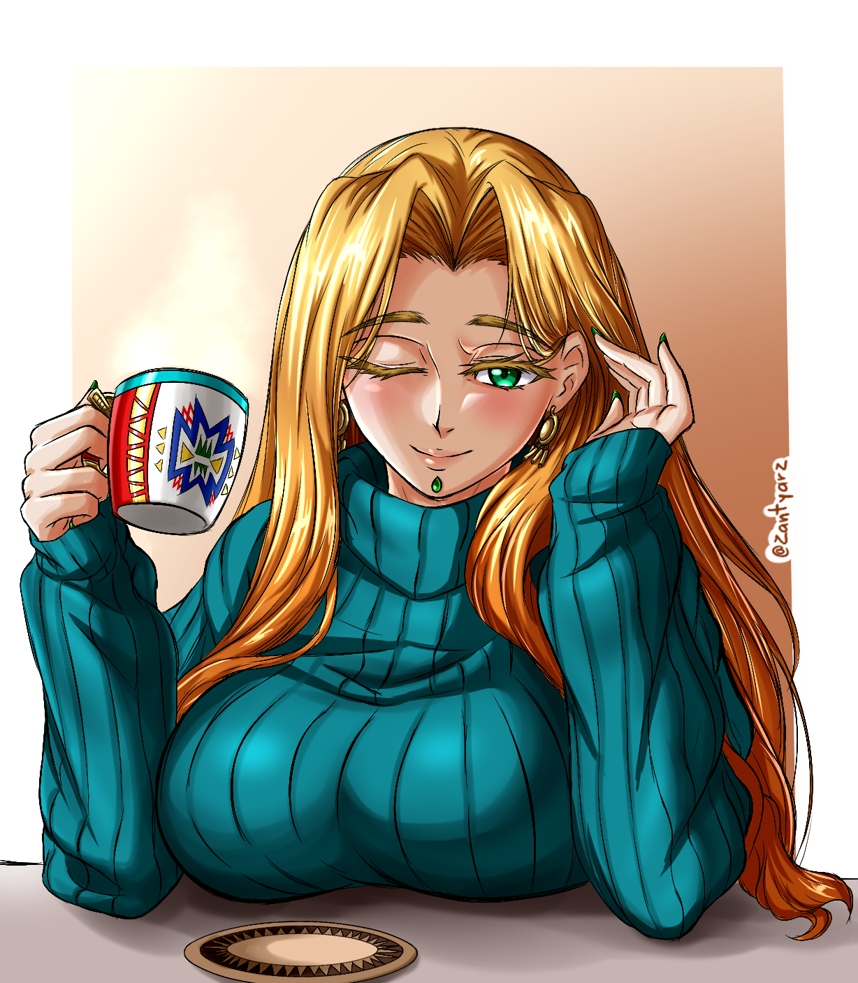 Anime 1228x1407 Fate series Fate/Grand Order big boobs green eyes alternate costume one eye closed 2D looking at viewer coffee cup smiling juicy lips anime girls Quetzalcoatl (FGO) long hair pink lipstick green nails touching hair drinking thick eyelashes bangs mug turtlenecks wide breasts anime gradient blonde