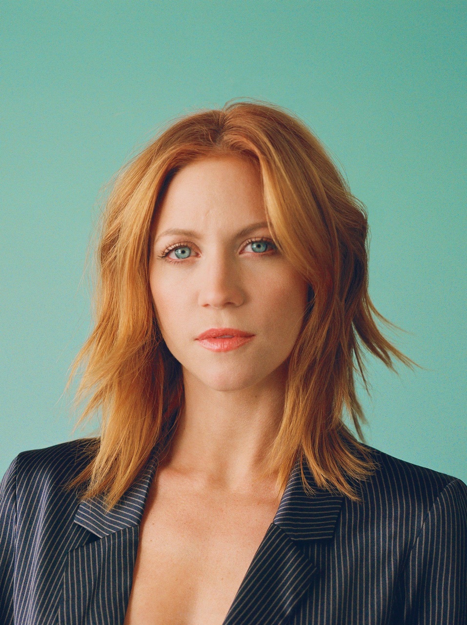 People 957x1280 Brittany Snow women actress blue eyes redhead face simple background portrait display