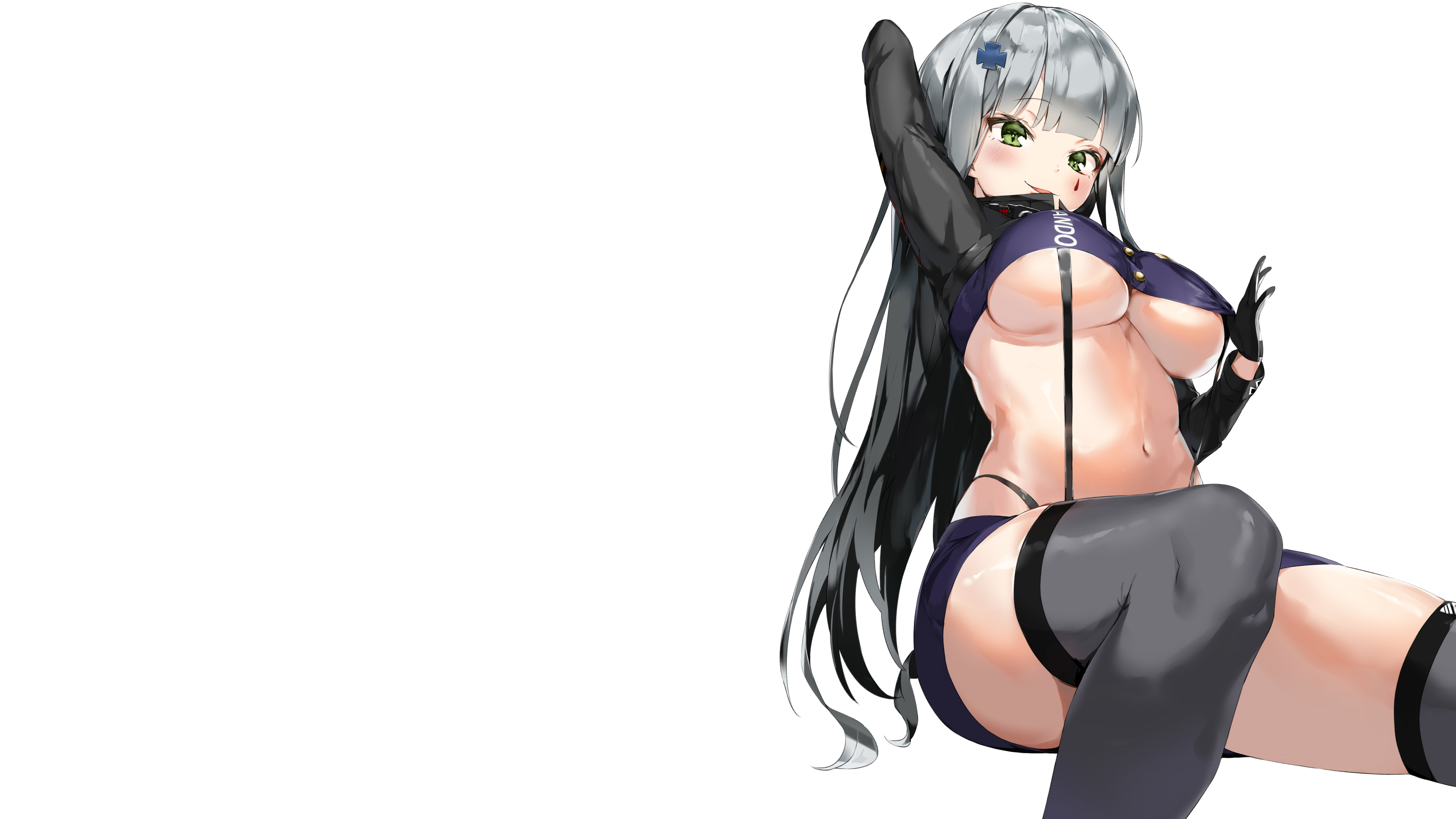 Anime 3840x2160 simple background anime girls skimpy clothes Girls Frontline HK416 (Girls Frontline) Yuxian Pixel Yuxian gray hair green eyes underboob belly thigh-highs smiling
