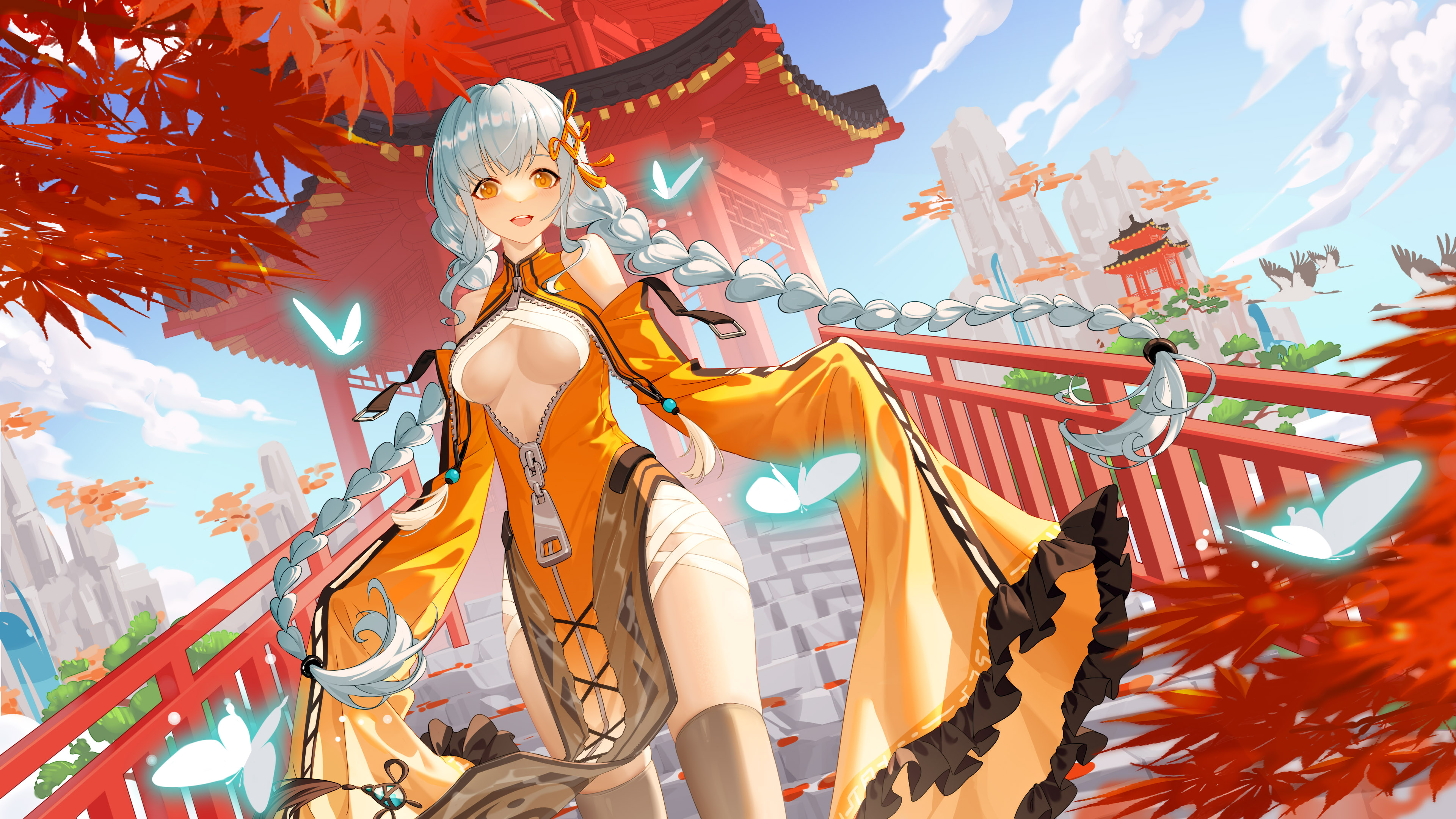 Anime 3840x2160 zipper pavilion maple leaves cranes (bird) boobs underboob orange eyes unzipped long hair blue hair dress butterfly colorful braids low-angle looking at viewer long sleeves stockings