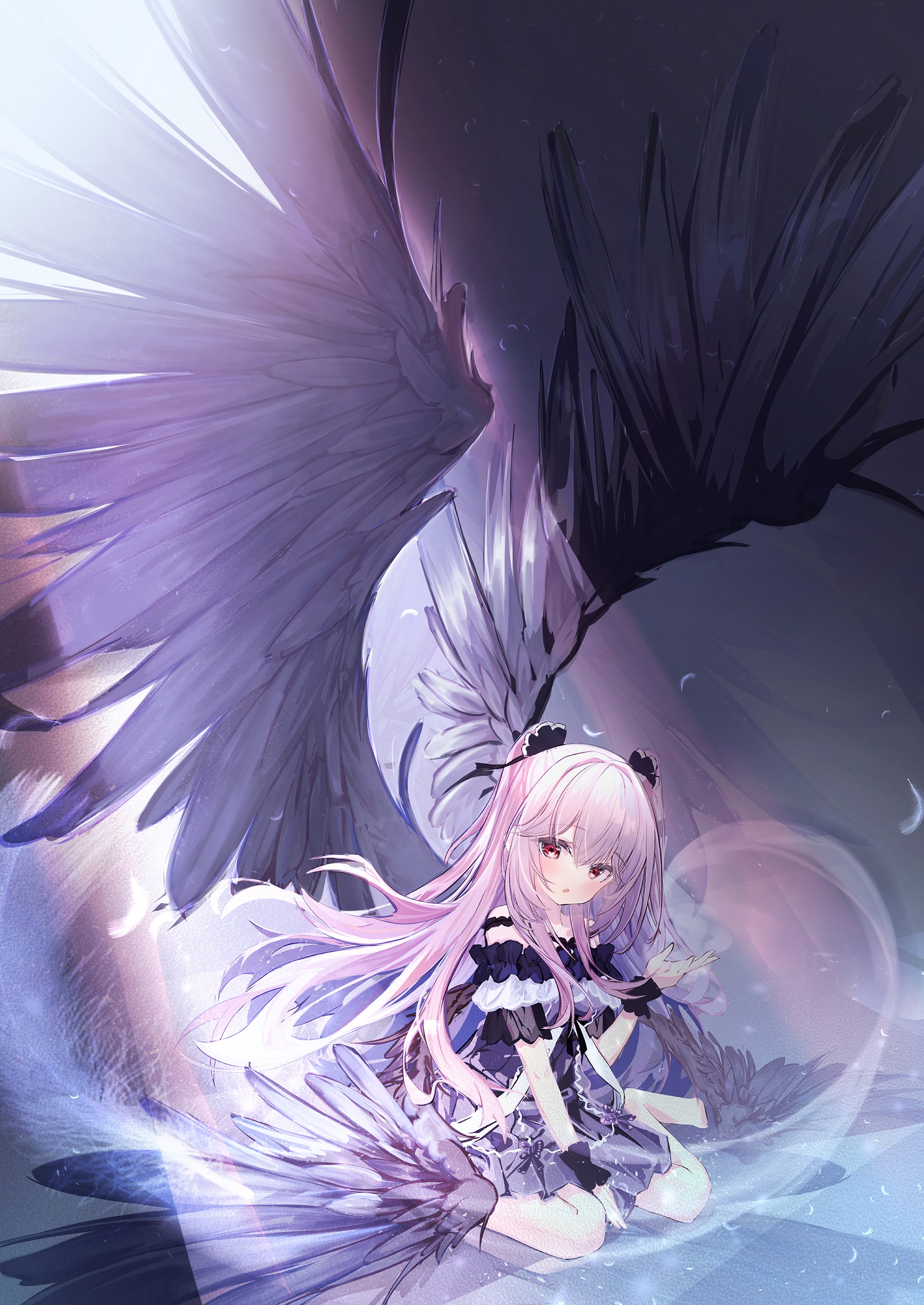 Anime 2508x3541 Hololive Uruha Rushia anime girls anime girl with wings black wings pink hair red eyes