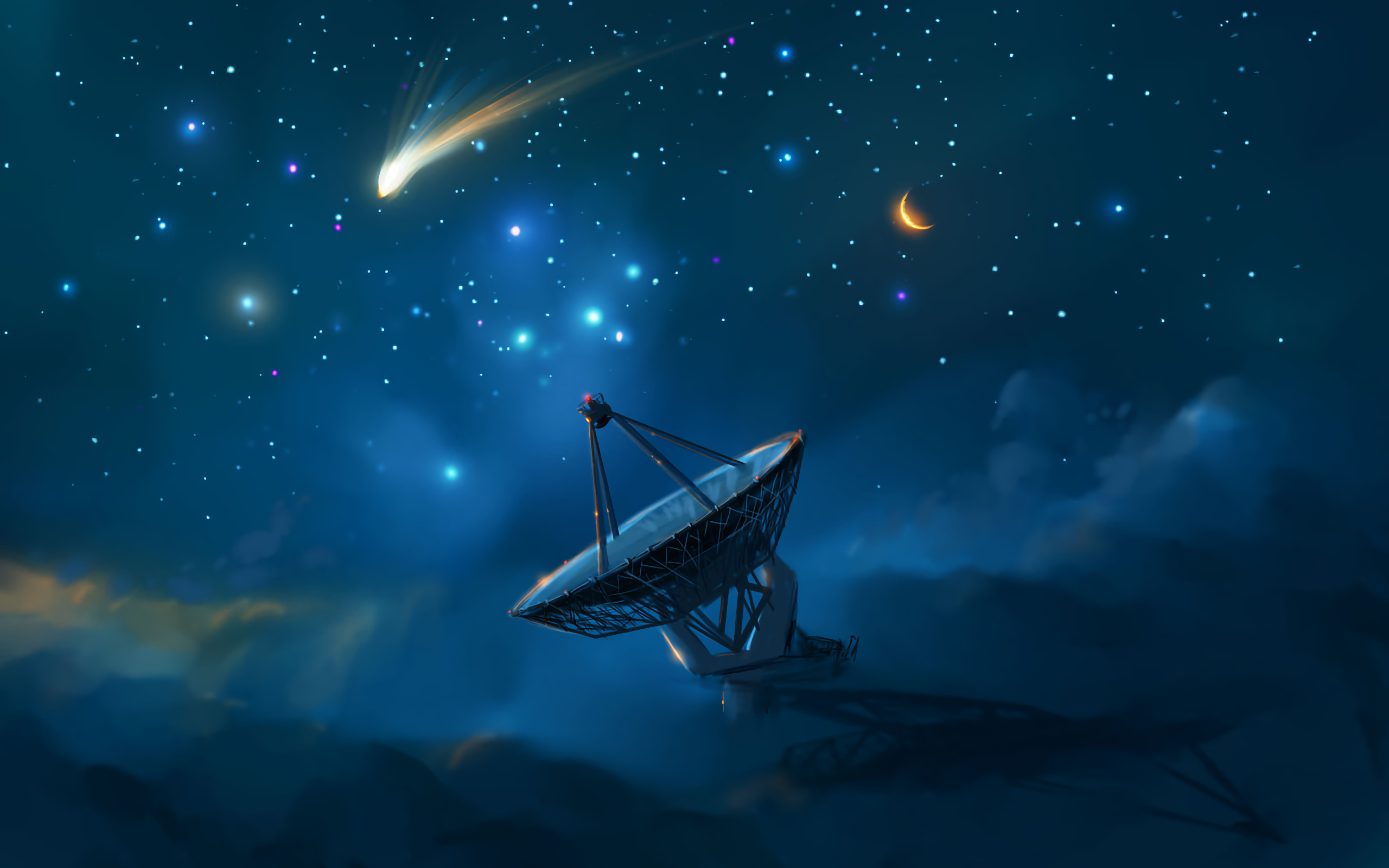 General 2560x1600 night sky night starry night satellite dish stars clouds galaxy Moon digital art comet