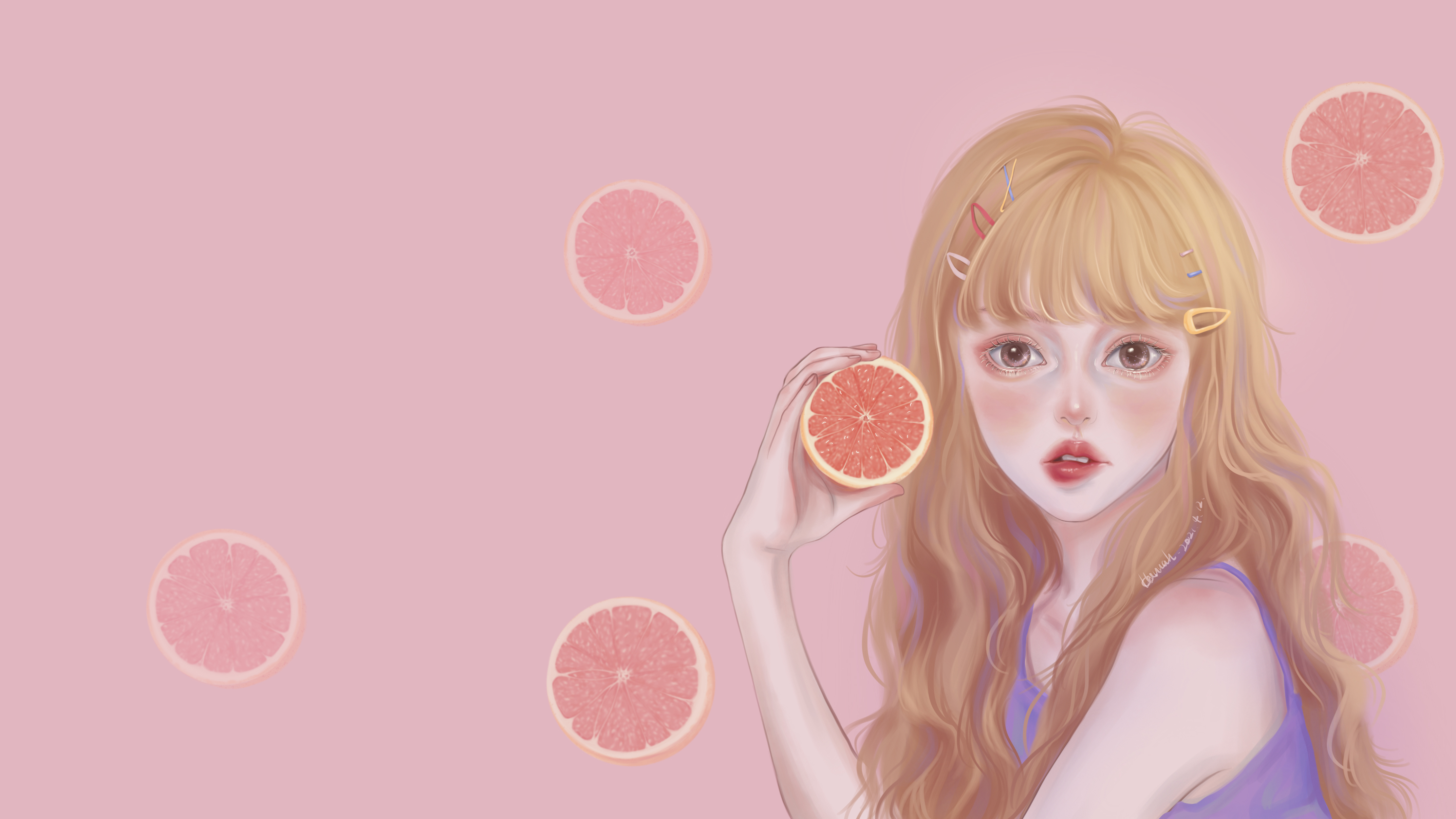 General 4446x2501 simple background minimalism women food fruit pink background red lipstick looking at viewer artwork long hair