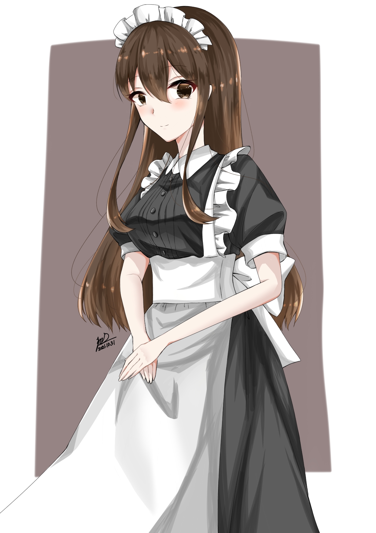 Anime 1240x1754 anime anime girls Kantai Collection Akagi (KanColle) maid maid outfit long hair brunette artwork digital art fan art
