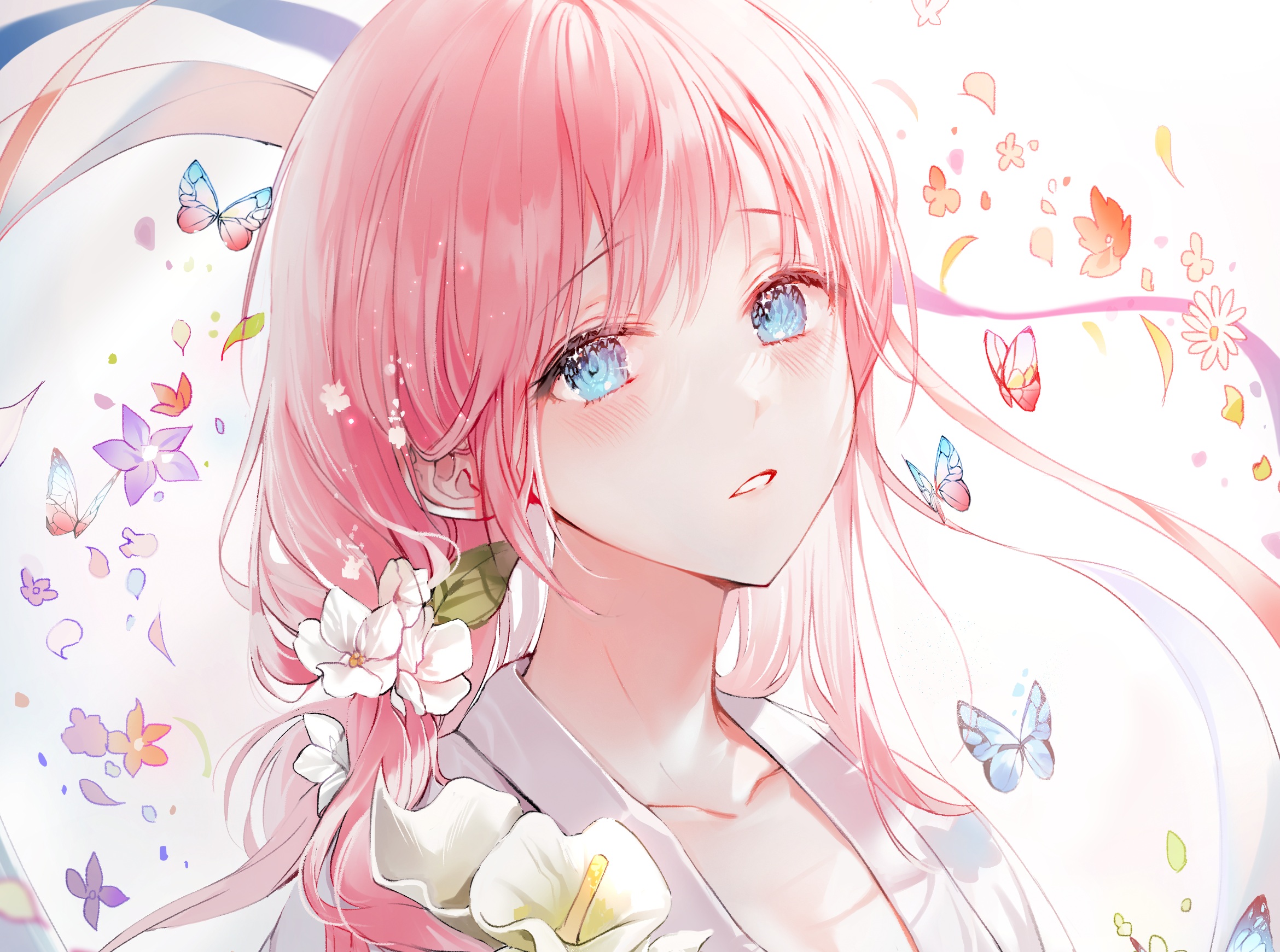 Anime 2340x1741 anime anime girls pink hair blue eyes blushing petals flowers long hair butterfly white background parted lips artwork 2SHAM