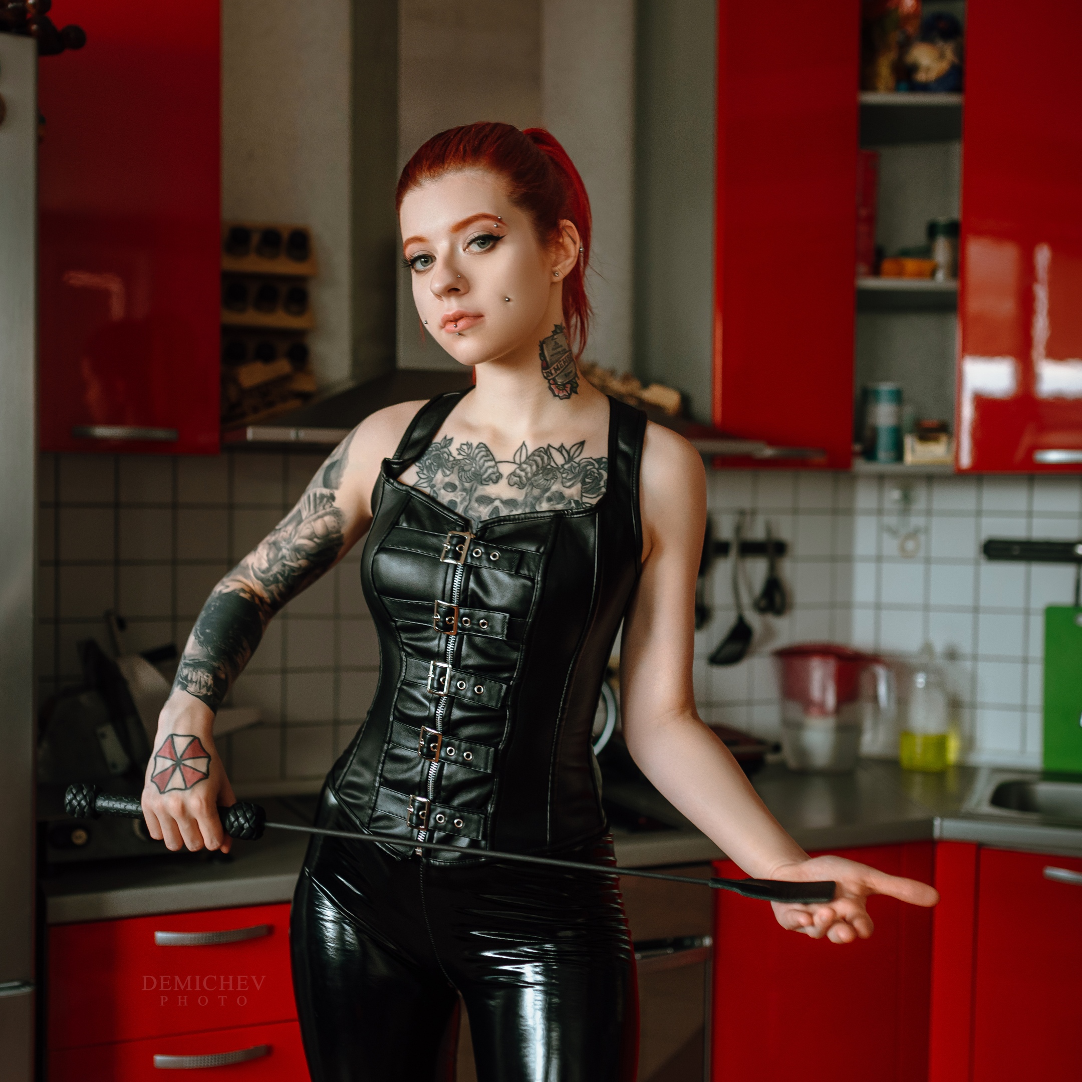 People 2160x2160 Petr Demichev women model leather piercing corset redhead kitchen women indoors looking at viewer inked girls pierced lip Vera Faith riding crops watermarked