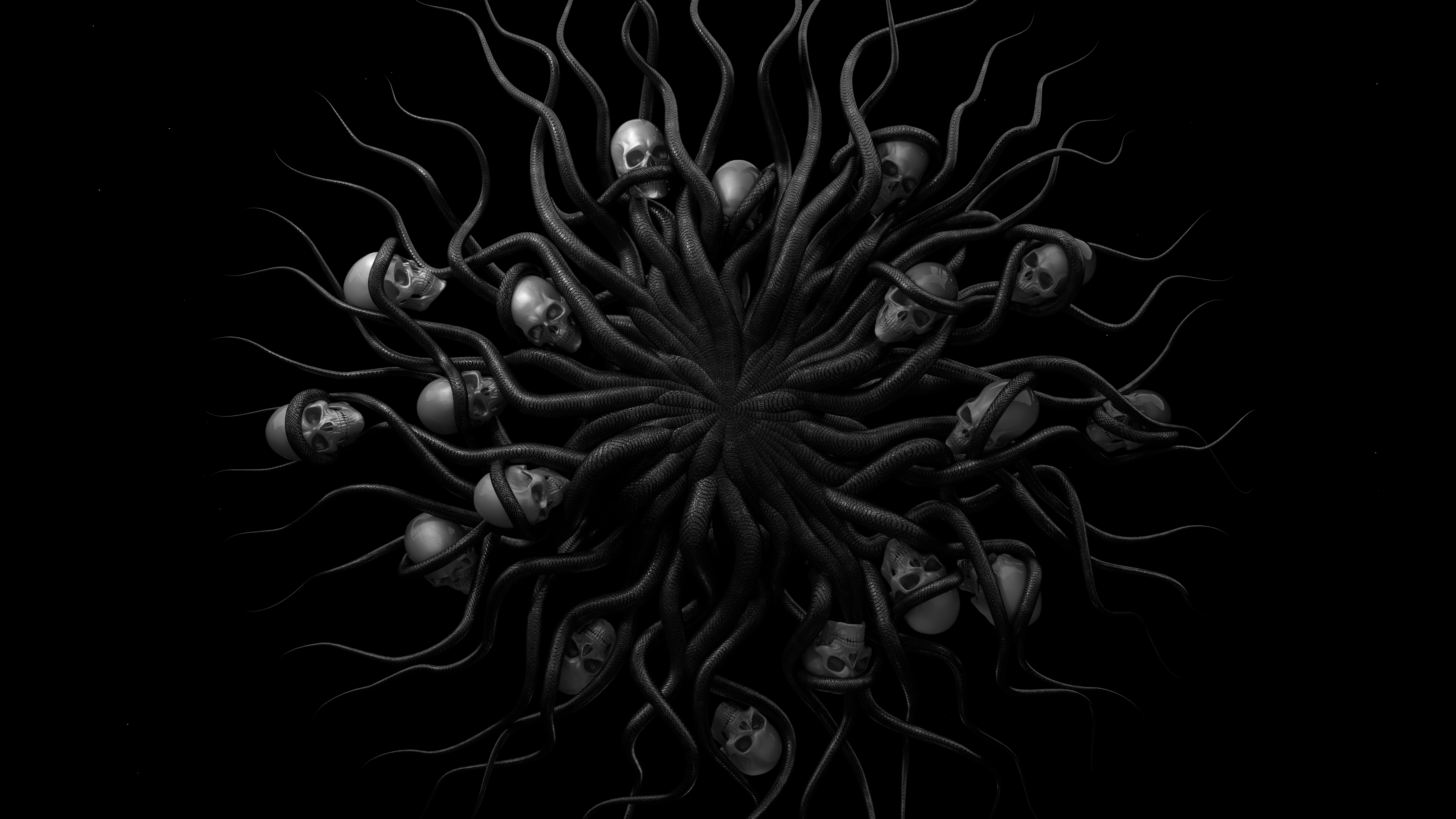 General 7680x4320 CGI black horror skull and bones skull snake shadow dark Halloween pattern artwork tentacles