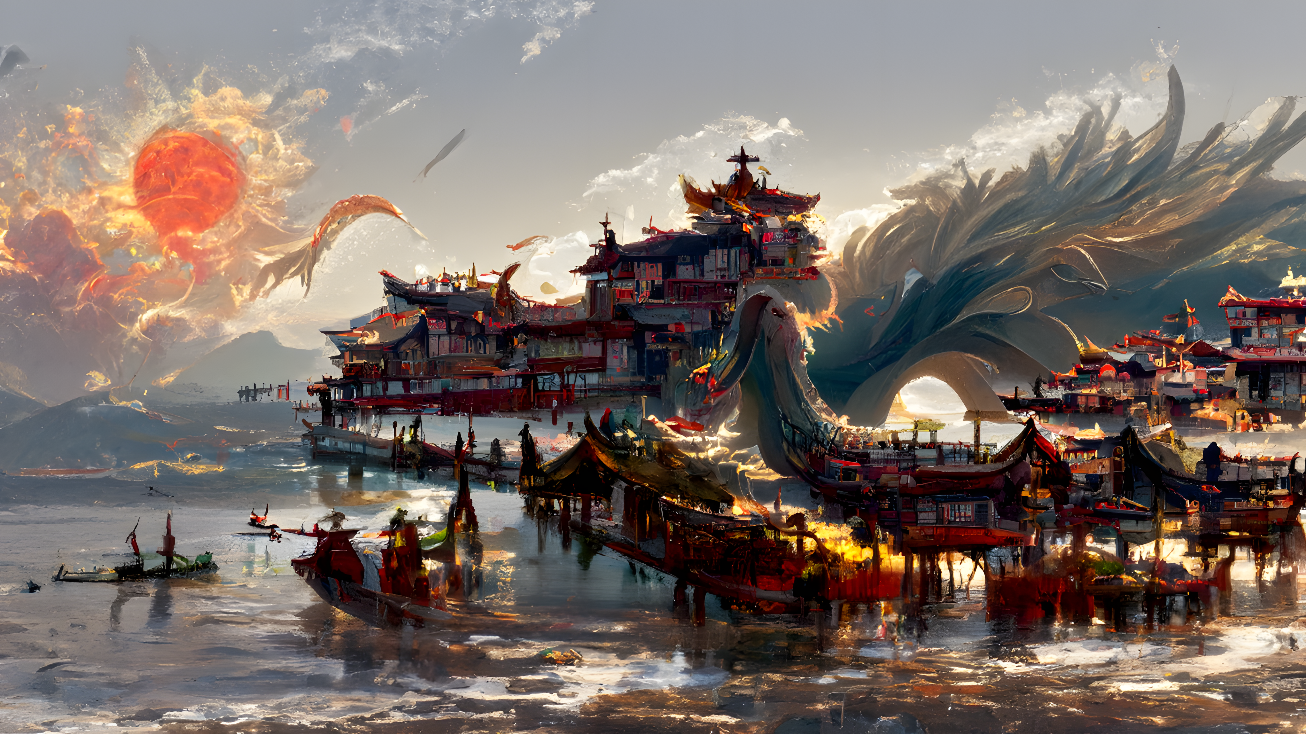 General 4552x2560 Chinese architecture clouds Asian architecture AI art